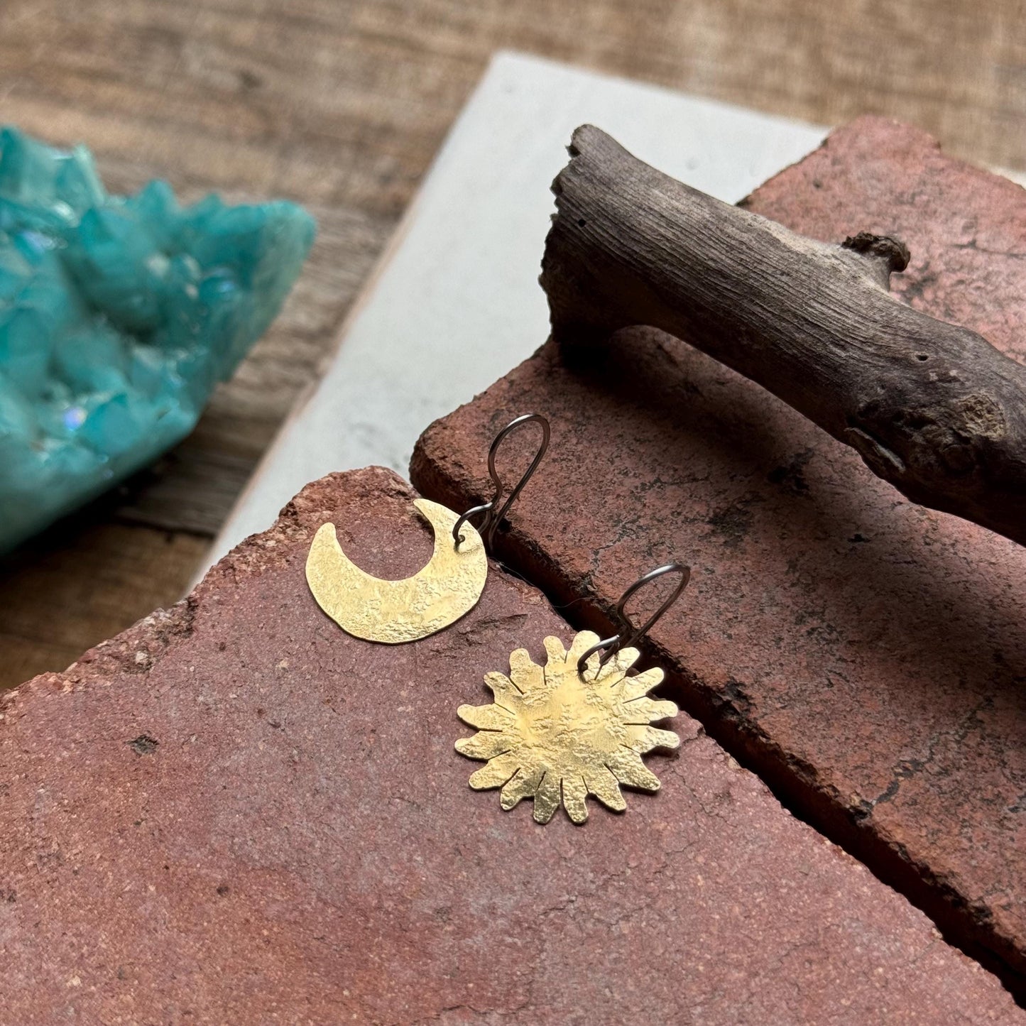 Hammered Brass Celestial Mix & Match Earrings, Small Sun and Moon earrings