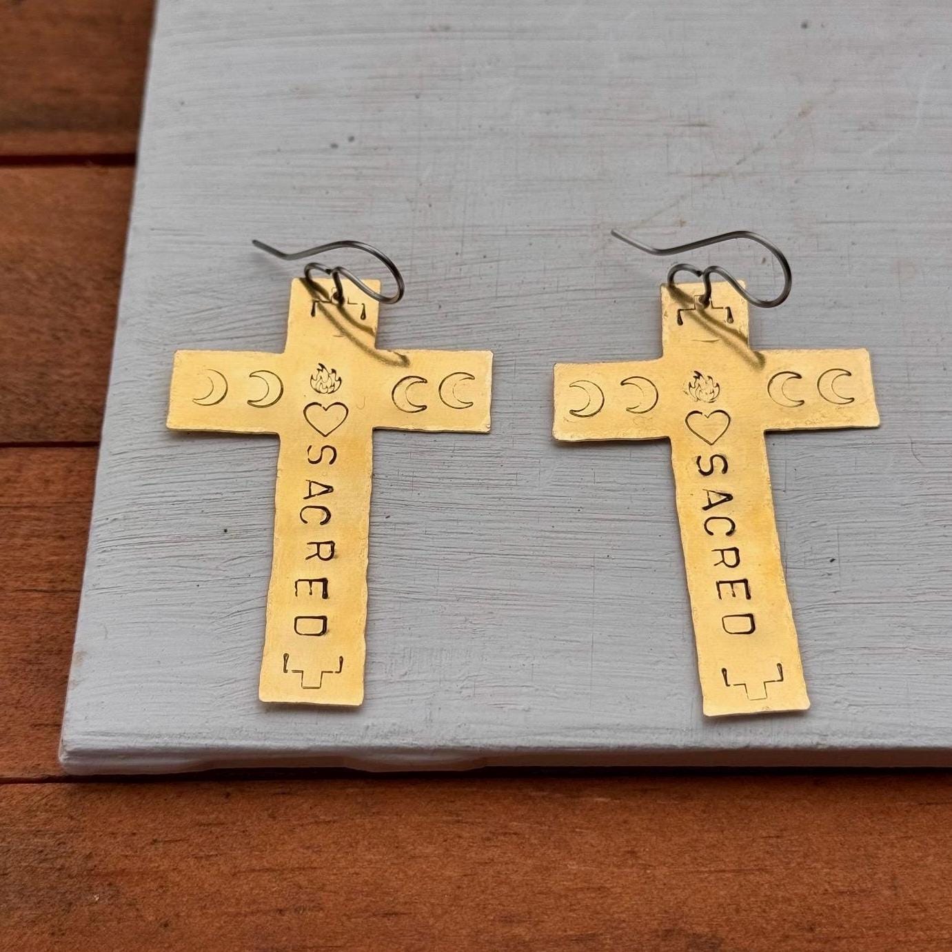 Hand Stamped Brass Cross Earrings, Sacred Celestial Jewelry