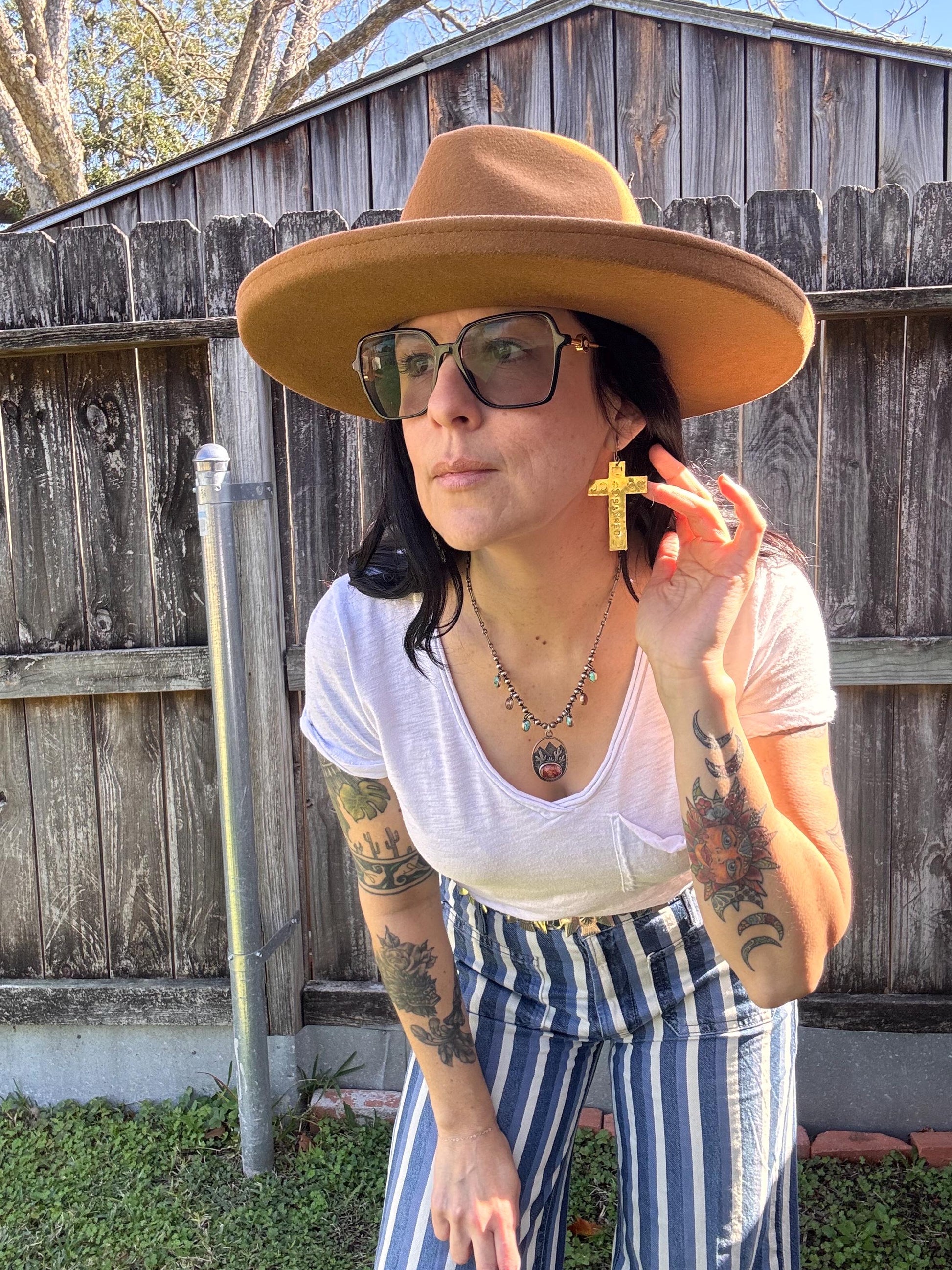 Hand Stamped Brass Cross Earrings, Sacred Celestial Jewelry