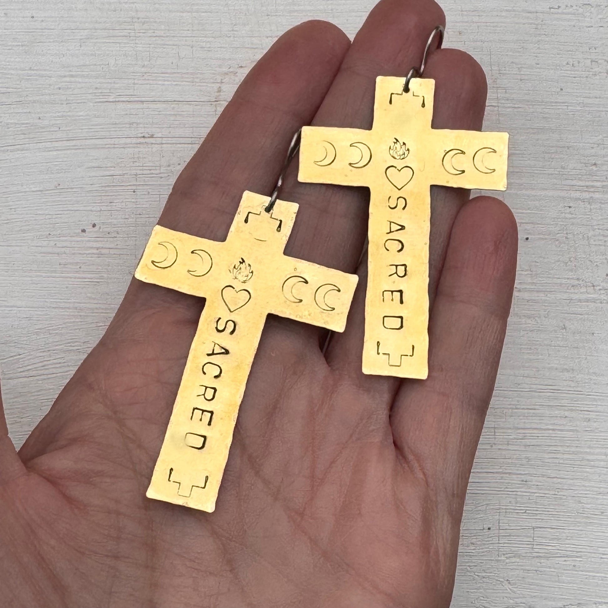 Hand Stamped Brass Cross Earrings, Sacred Celestial Jewelry