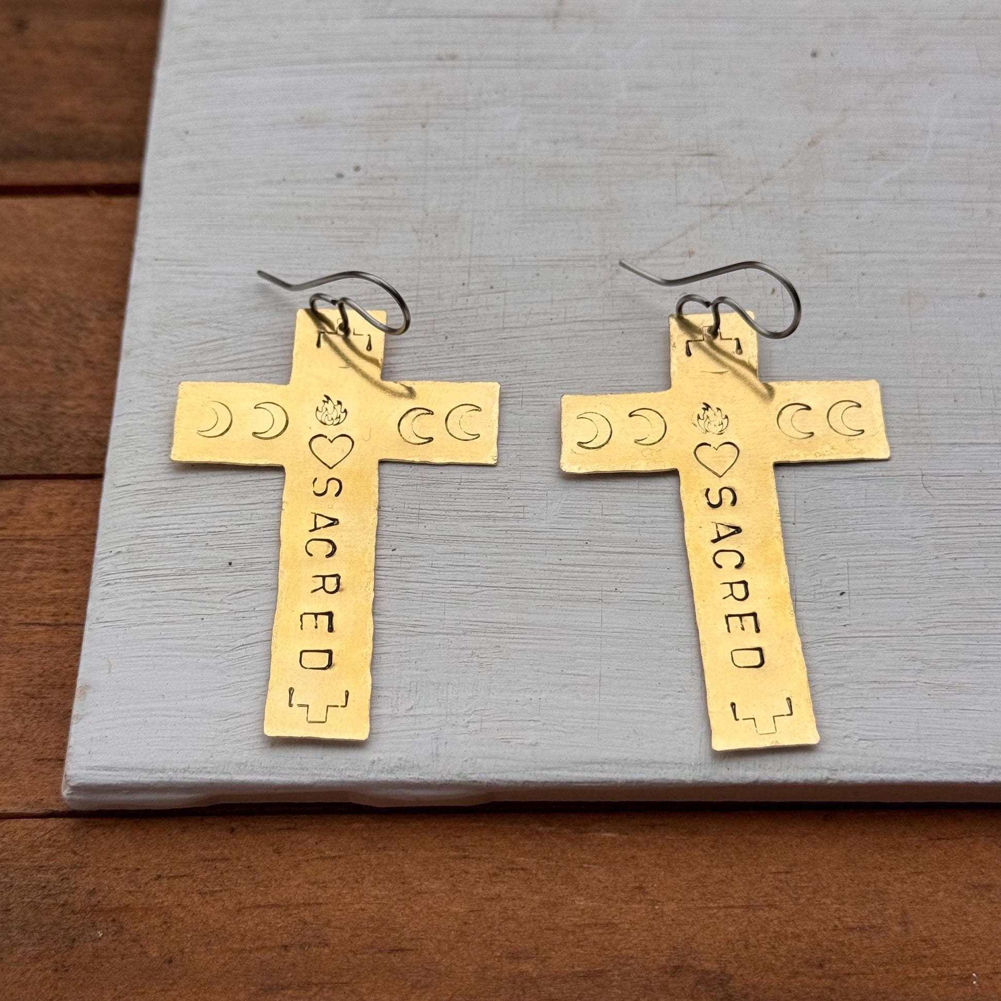 Hand Stamped Brass Cross Earrings, Sacred Celestial Jewelry