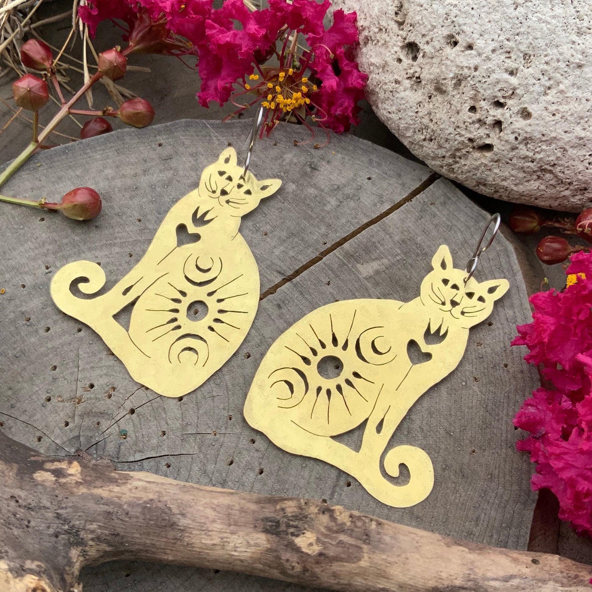 Handmade Brass Celestial Cat Earrings: Sacred Milagro Jewelry