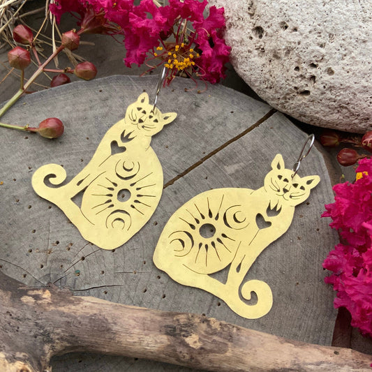 Handmade Brass Celestial Cat Earrings: Sacred Milagro Jewelry