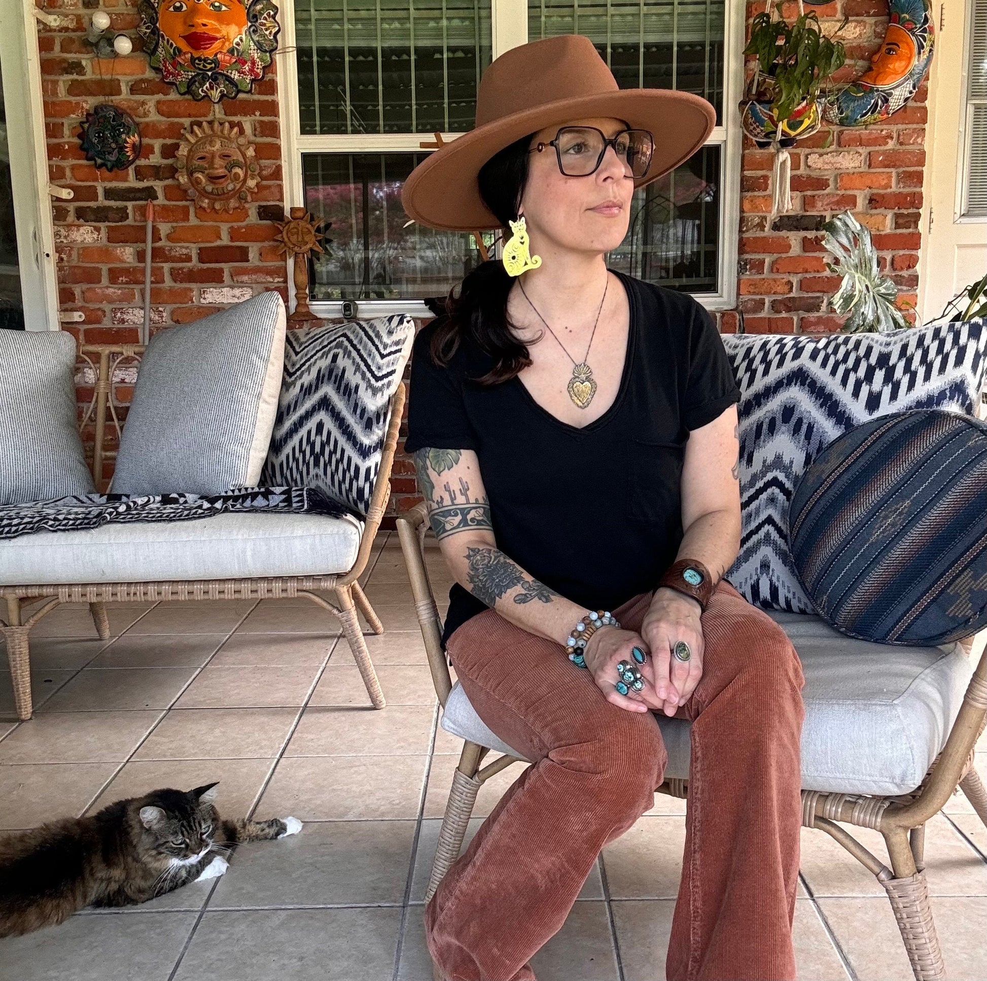Handmade Brass Celestial Cat Earrings: Sacred Milagro Jewelry