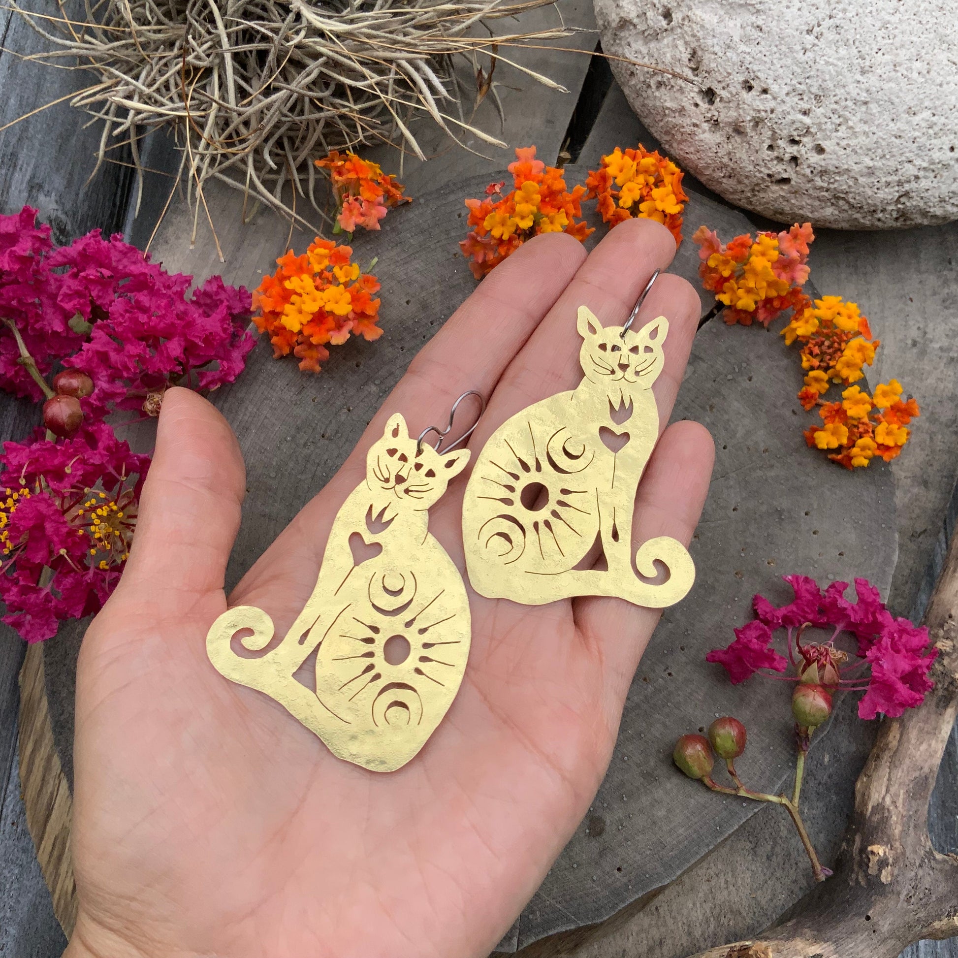 Handmade Brass Celestial Cat Earrings: Sacred Milagro Jewelry