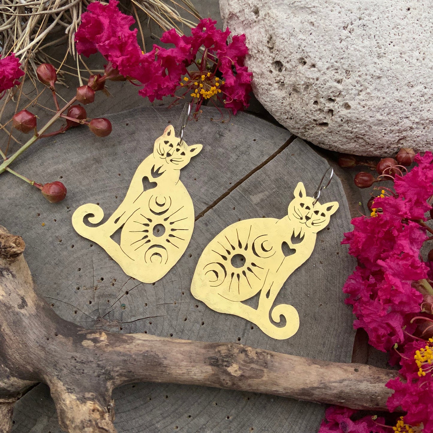 Handmade Brass Celestial Cat Earrings: Sacred Milagro Jewelry