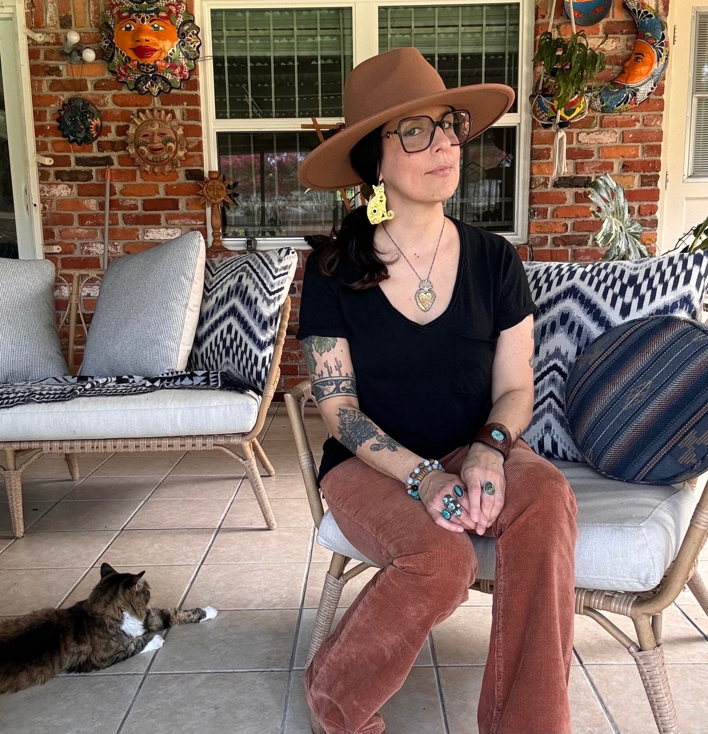 Handmade Brass Celestial Cat Earrings: Sacred Milagro Jewelry