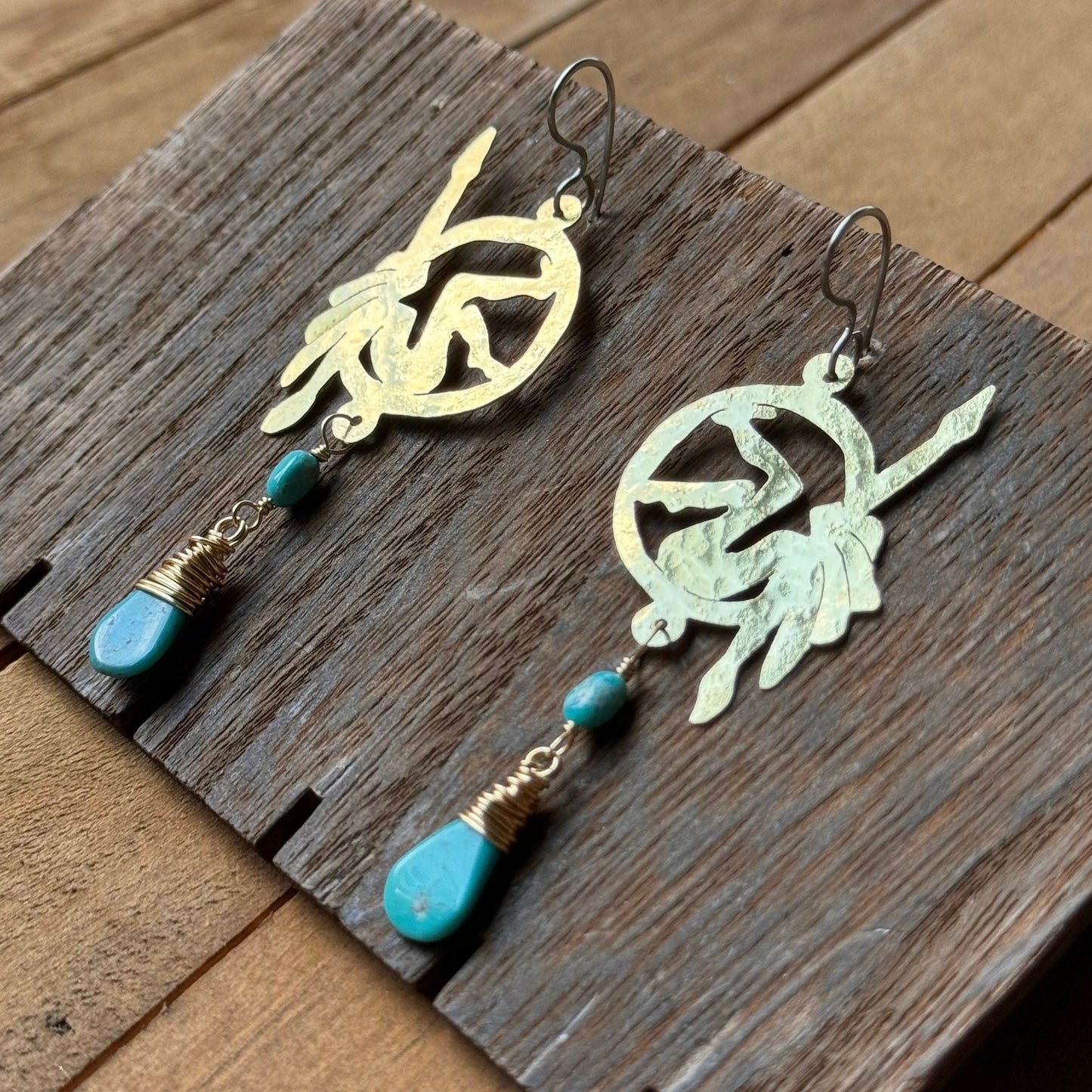 Handmade Brass Lyra Hoop Earrings with Turquoise