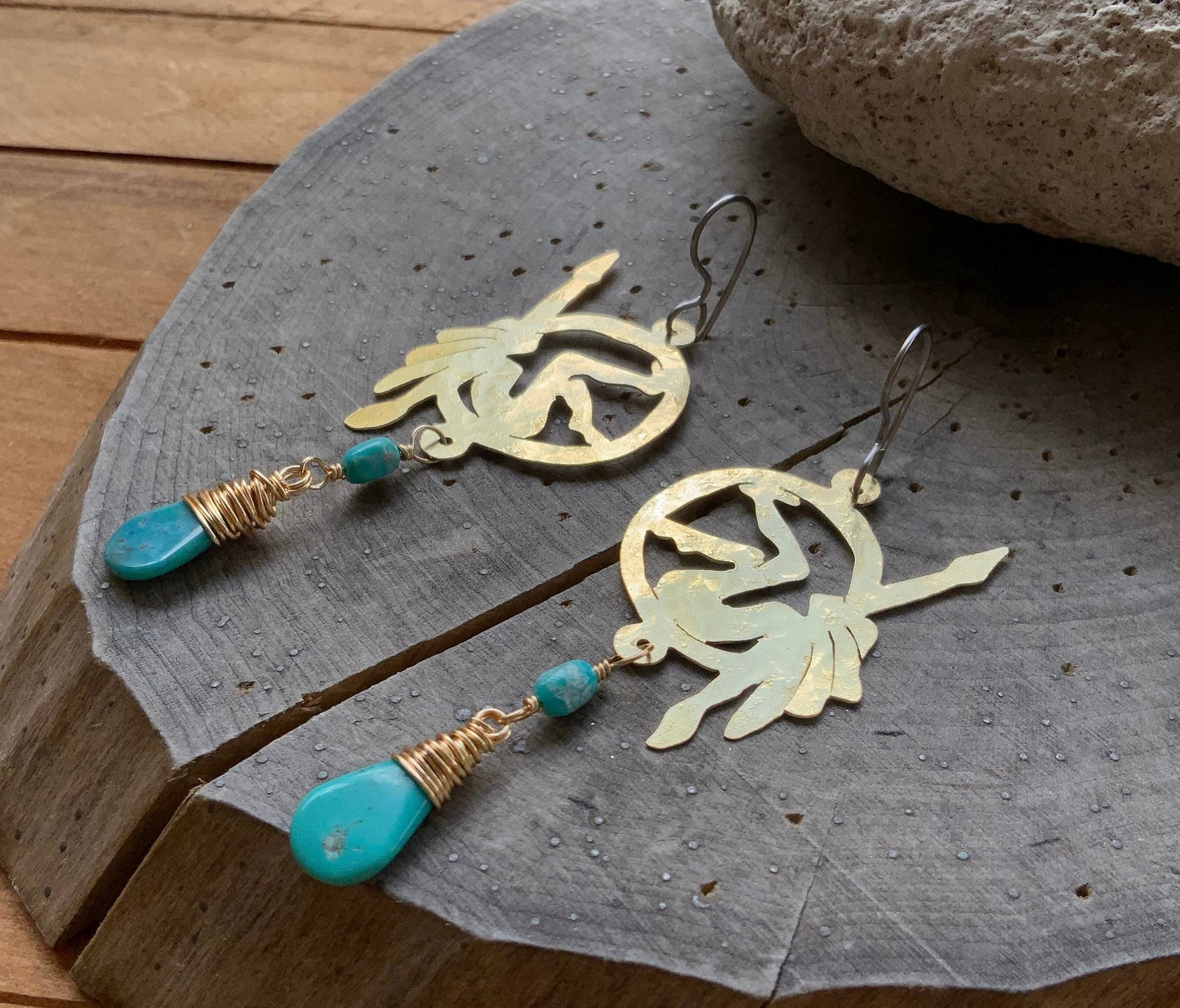 Handmade Brass Lyra Hoop Earrings with Turquoise