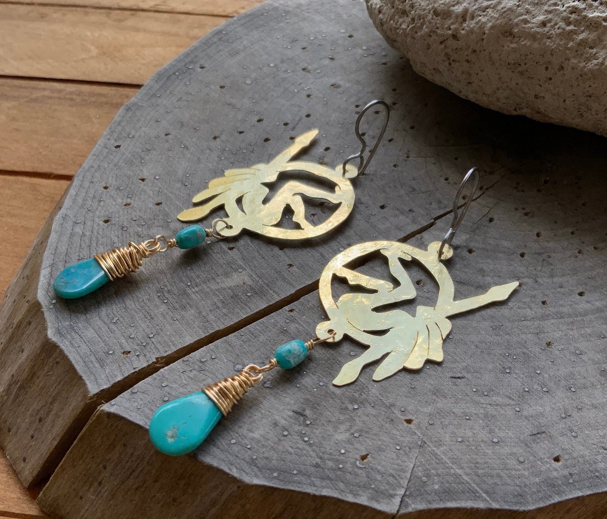Handmade Brass Lyra Hoop Earrings with Turquoise
