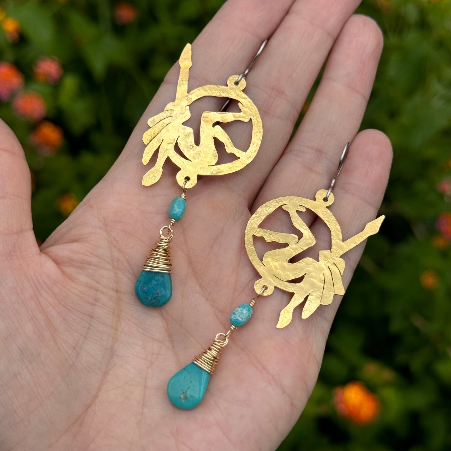 Handmade Brass Lyra Hoop Earrings with Turquoise