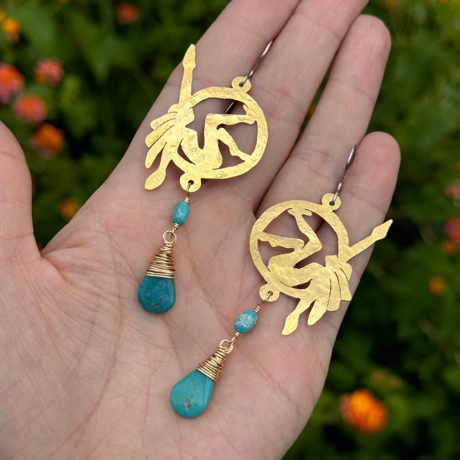 Handmade Brass Lyra Hoop Earrings with Turquoise