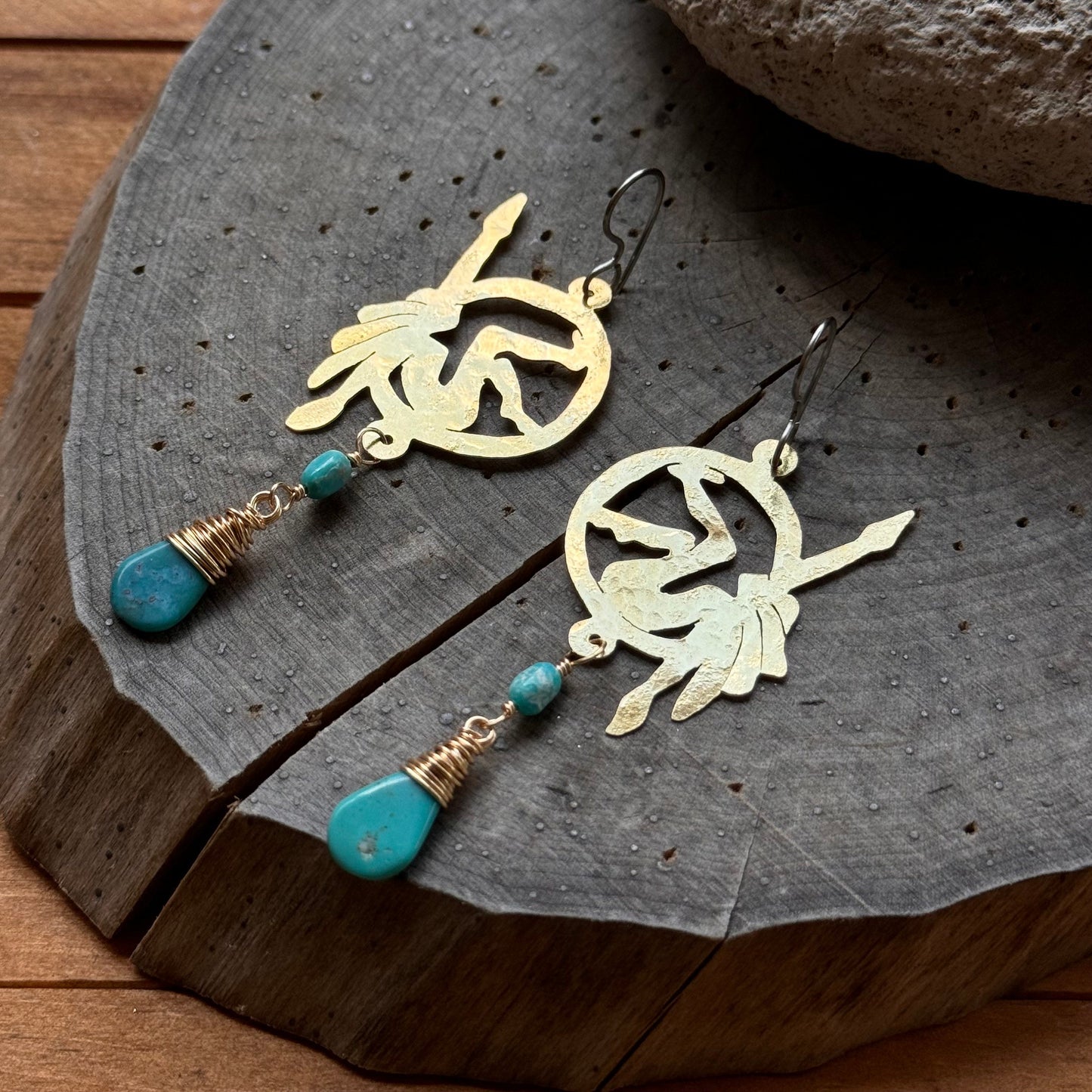 Handmade Brass Lyra Hoop Earrings with Turquoise