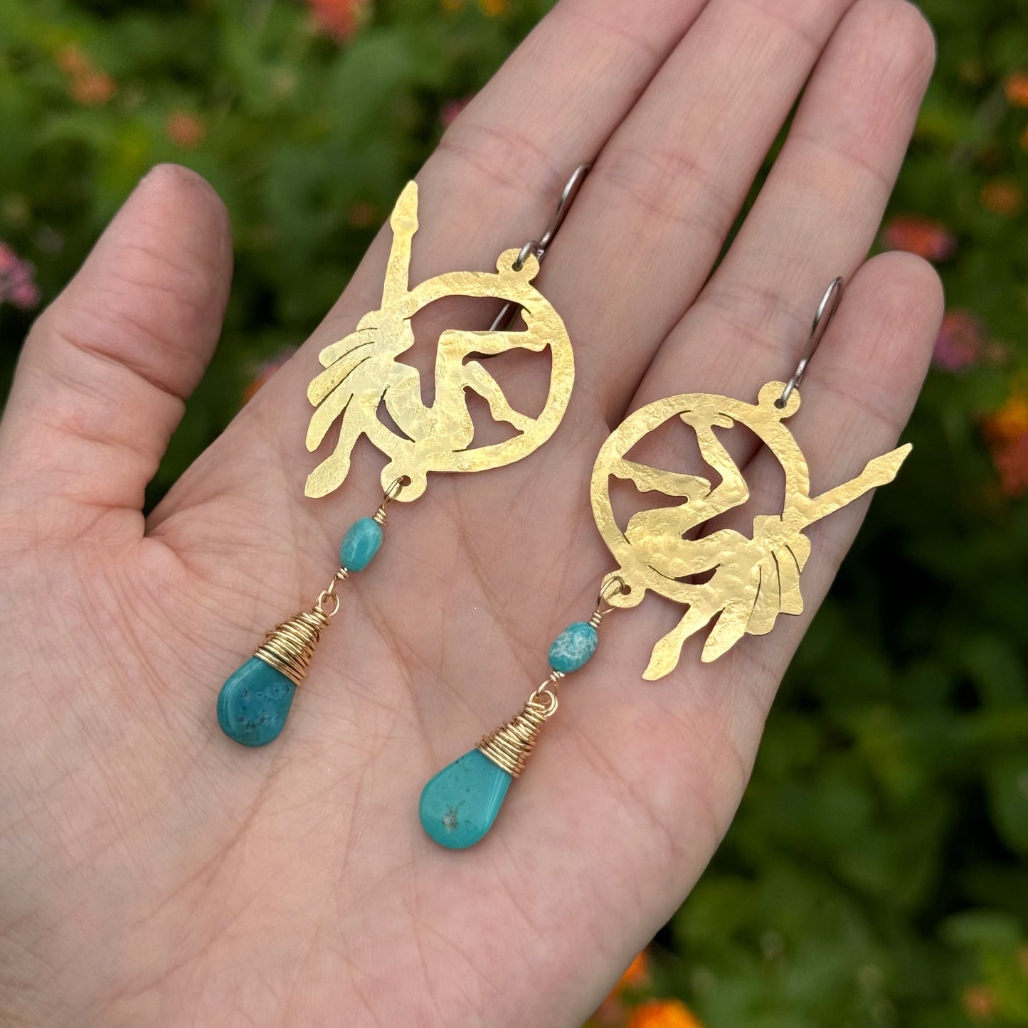 Handmade Brass Lyra Hoop Earrings with Turquoise