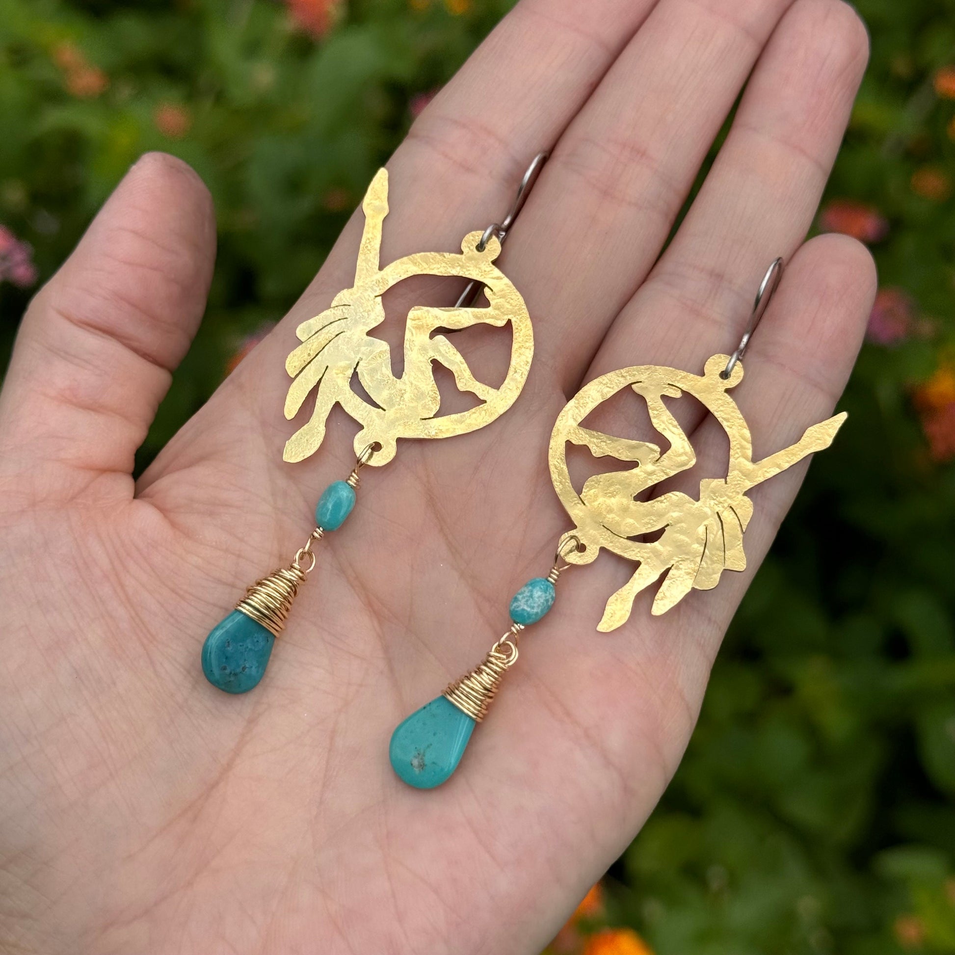 Handmade Brass Lyra Hoop Earrings with Turquoise