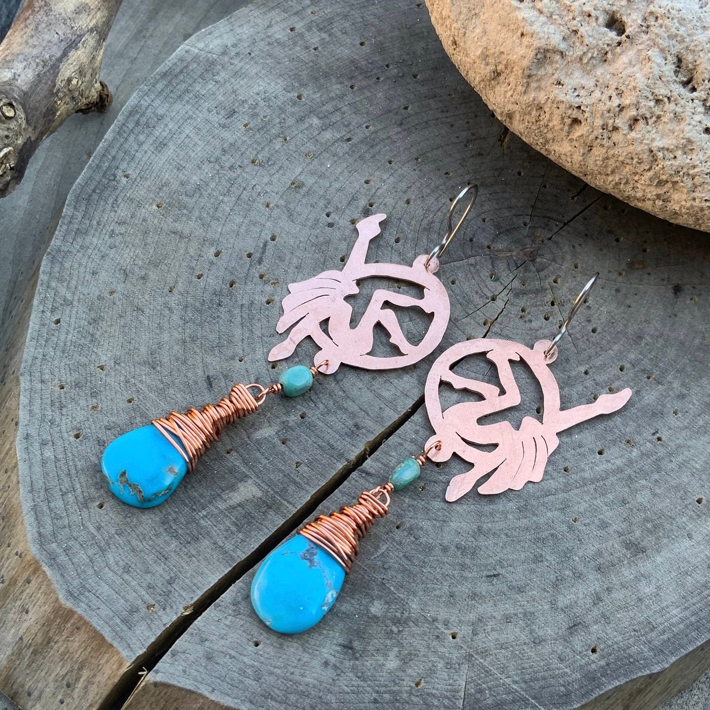 Handmade Brass Lyra Hoop Earrings with Turquoise