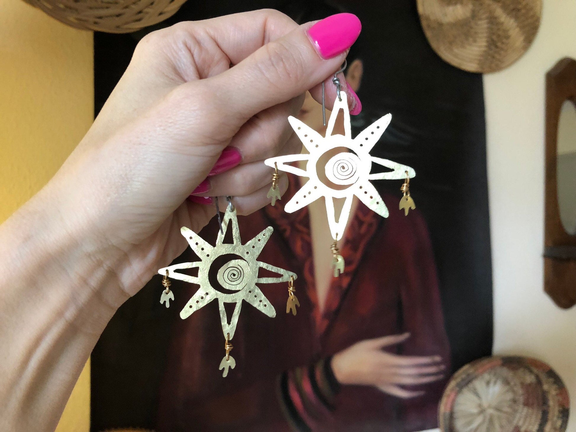 Handmade Celestial Piñata Earrings: Folk Art Jewelry