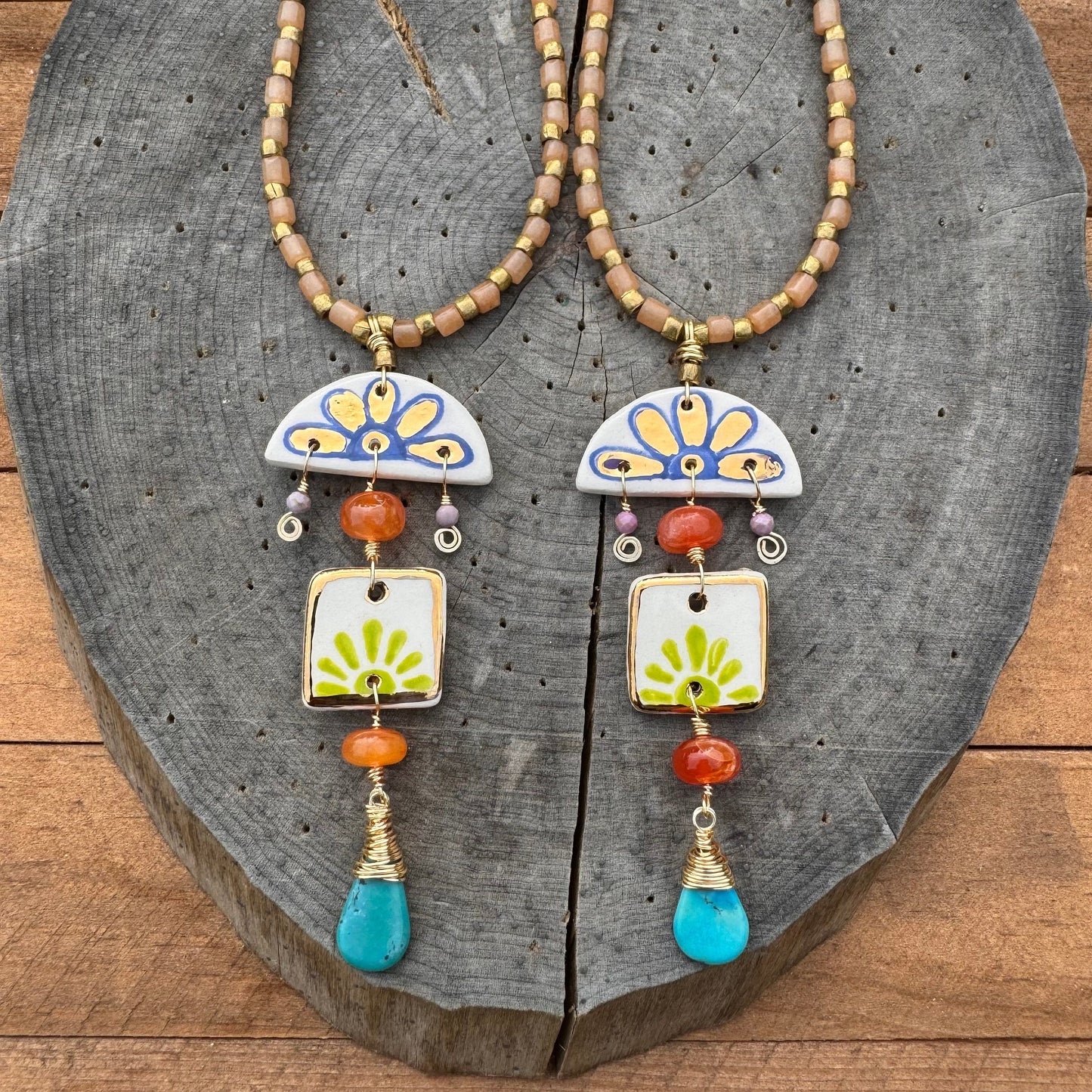 Handmade Ceramic Bead Necklace: Agate, Turquoise, and Lapis Lazuli