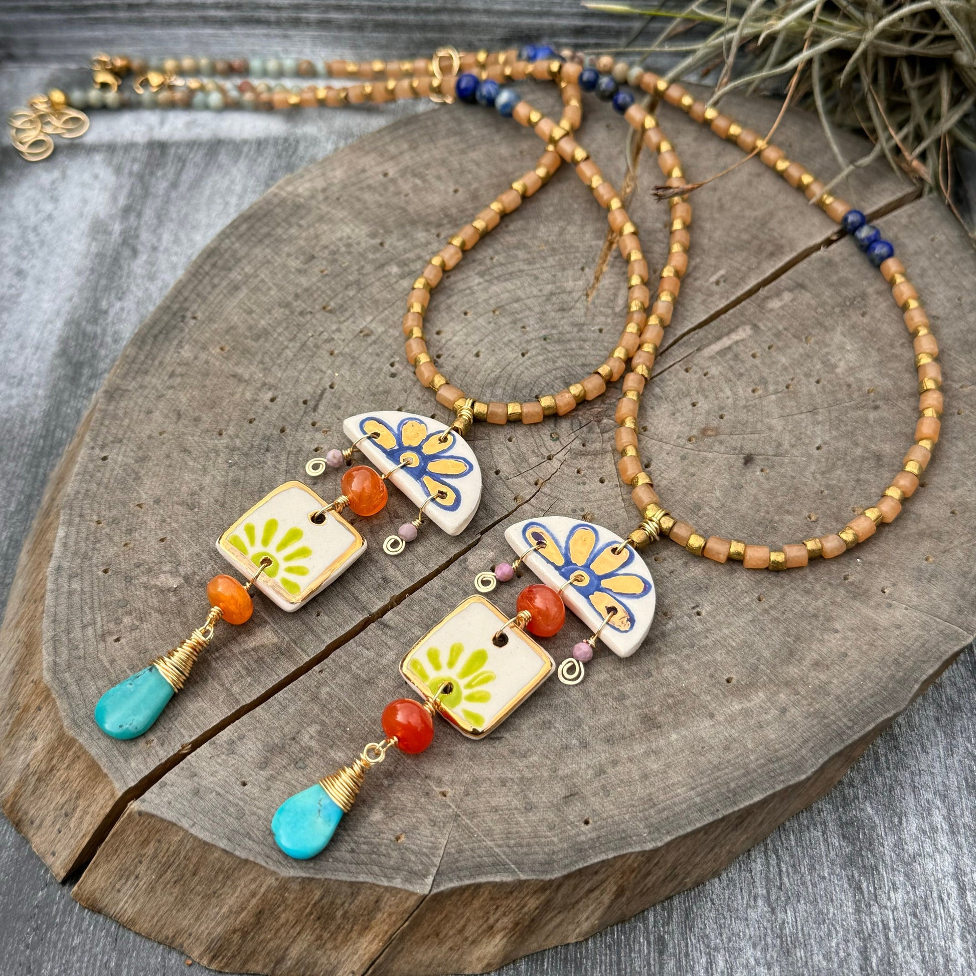 Handmade Ceramic Bead Necklace: Agate, Turquoise, and Lapis Lazuli