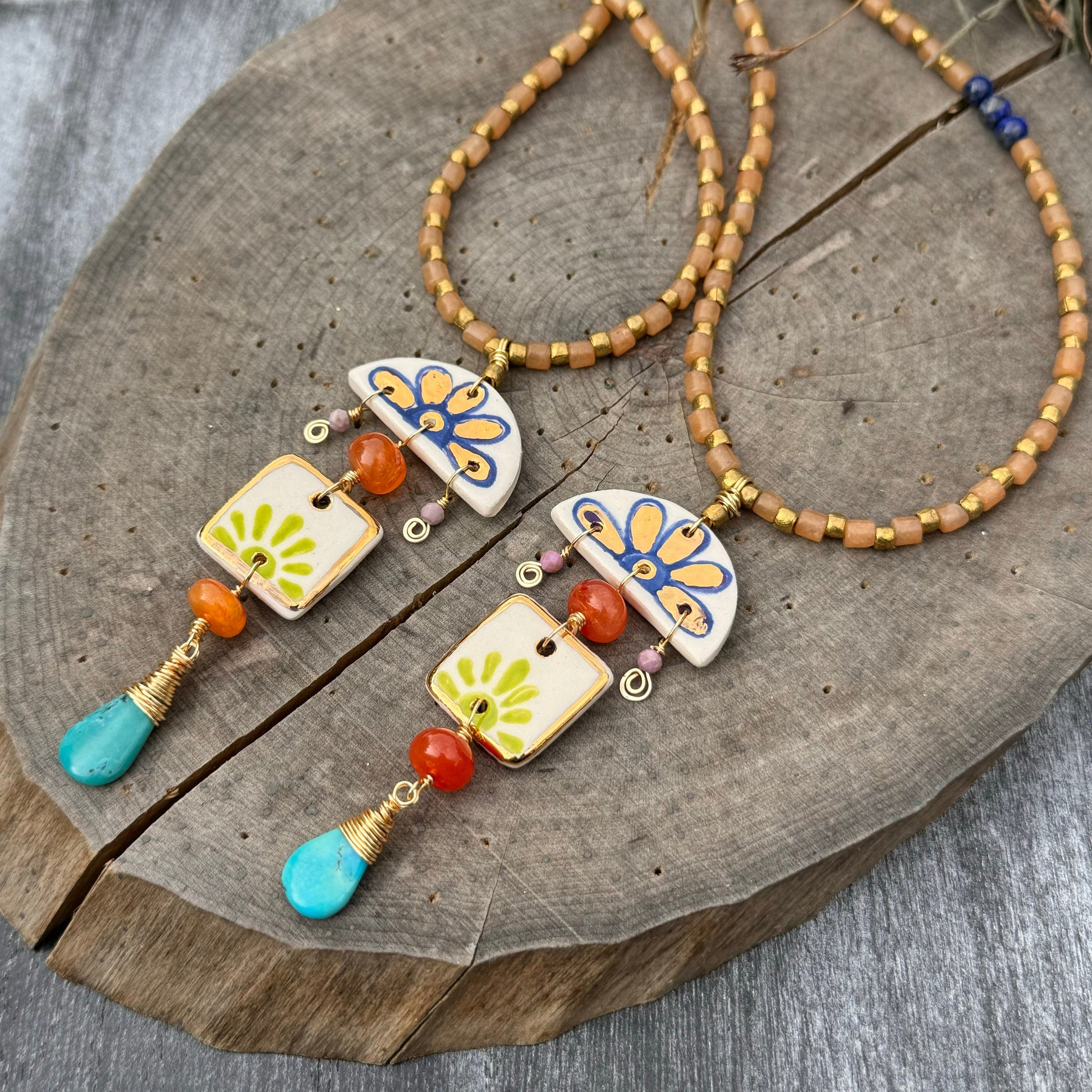 Handmade Ceramic Bead Necklace: Agate, Turquoise, and Lapis Lazuli