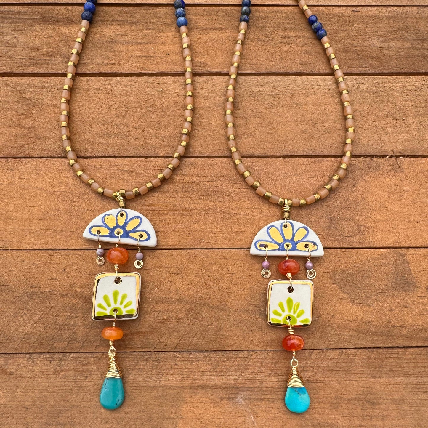 Handmade Ceramic Bead Necklace: Agate, Turquoise, and Lapis Lazuli