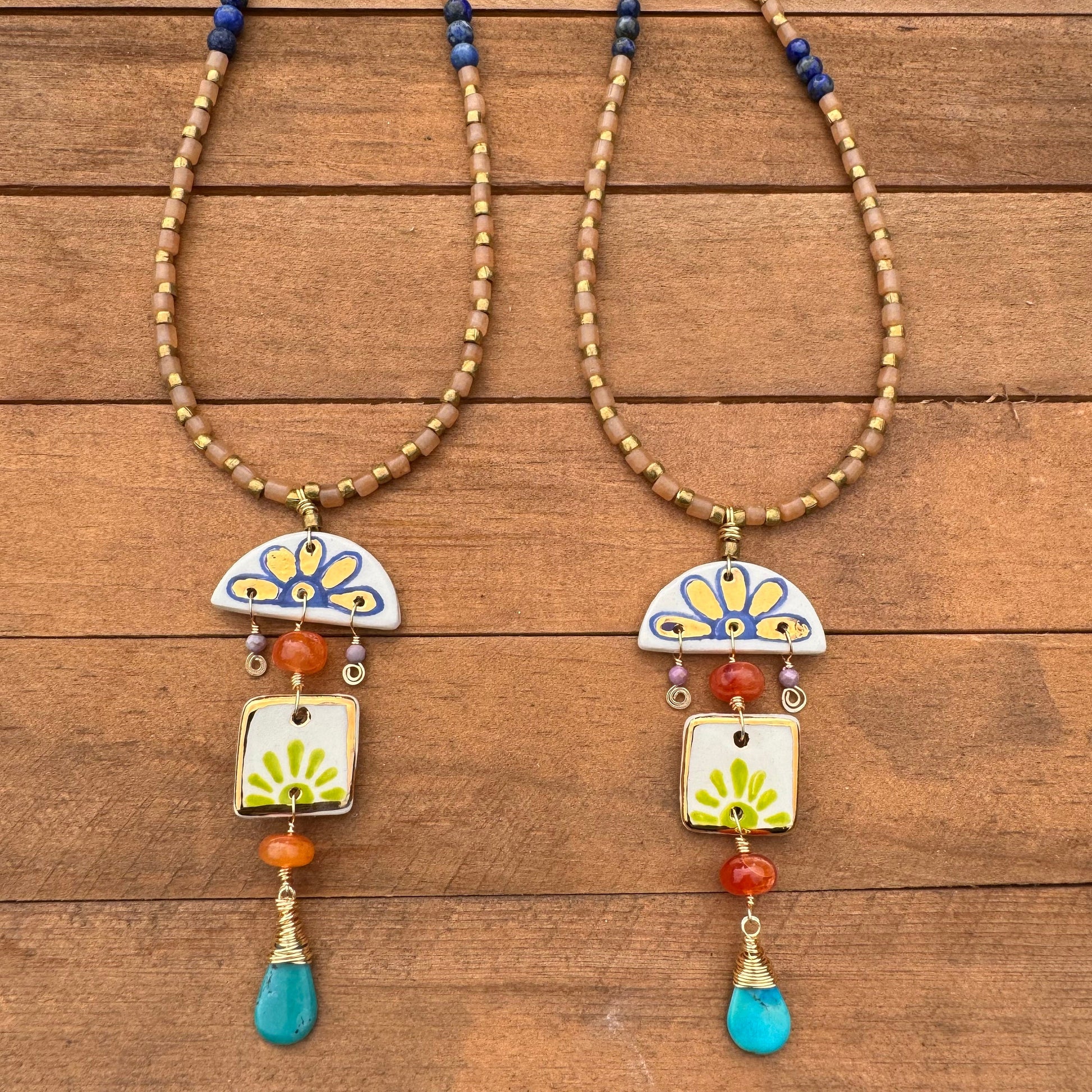 Handmade Ceramic Bead Necklace: Agate, Turquoise, and Lapis Lazuli