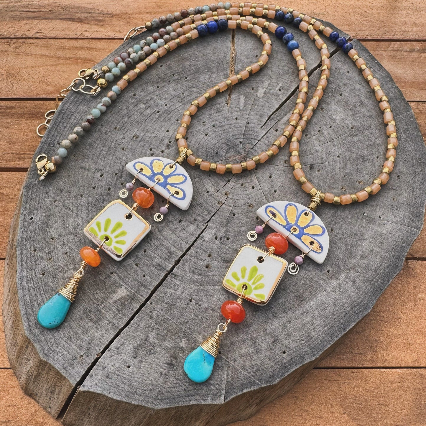 Handmade Ceramic Bead Necklace: Agate, Turquoise, and Lapis Lazuli