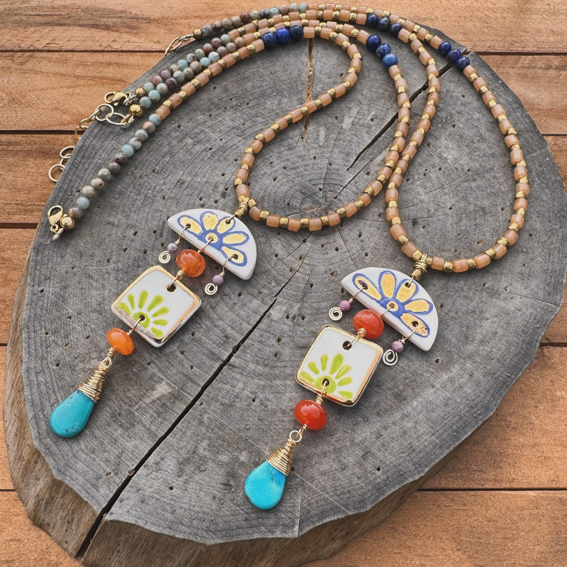 Handmade Ceramic Bead Necklace: Agate, Turquoise, and Lapis Lazuli