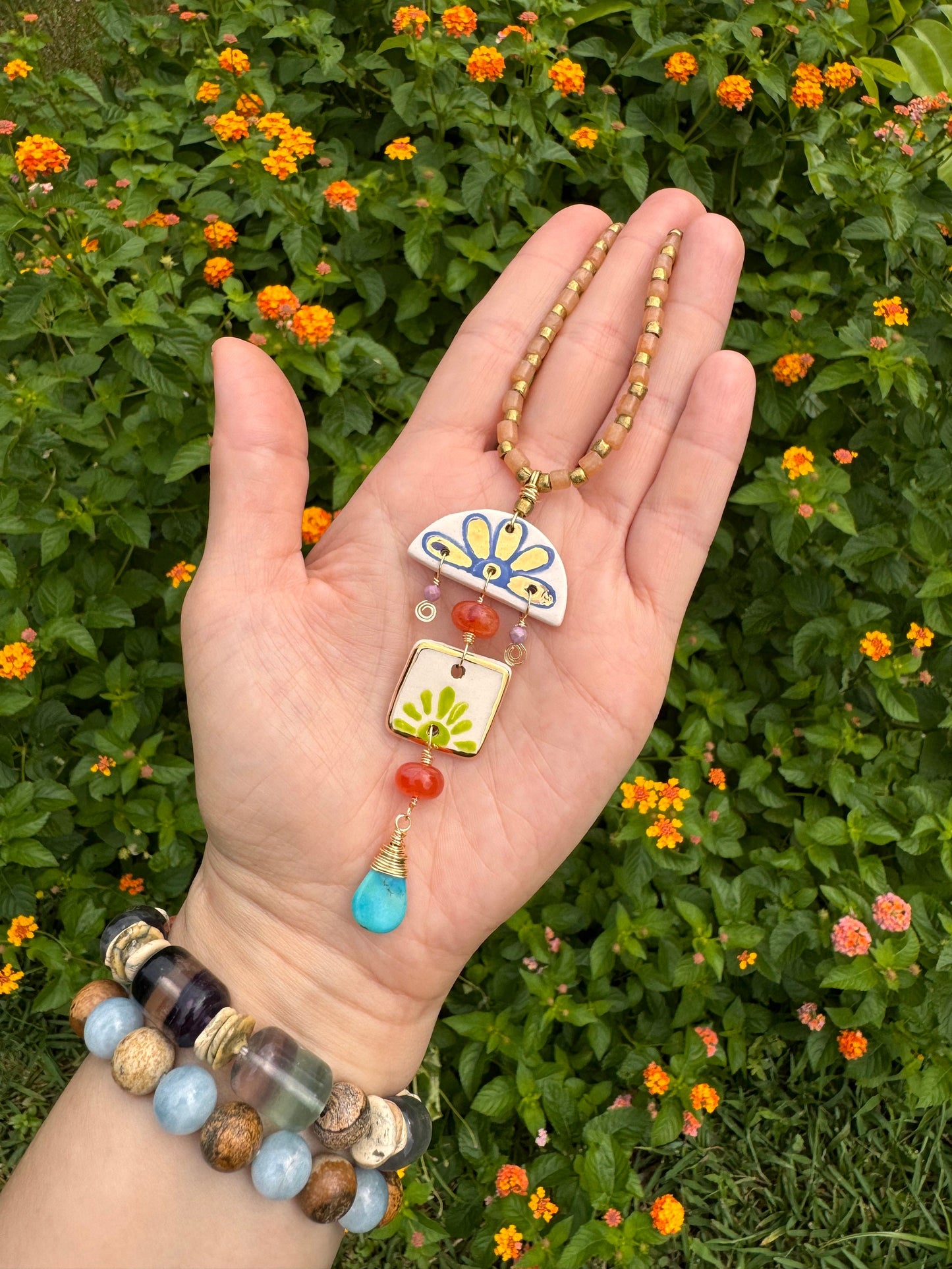 Handmade Ceramic Bead Necklace: Agate, Turquoise, and Lapis Lazuli