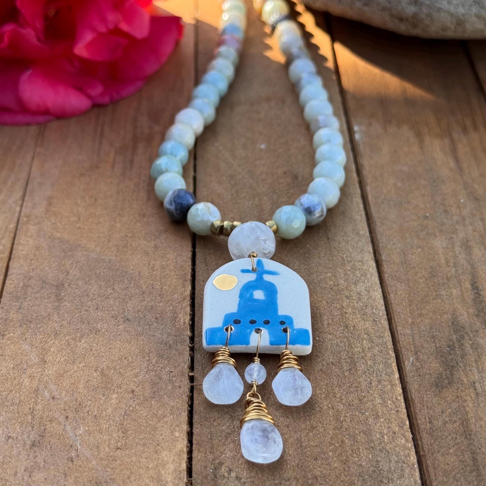 Handmade Ceramic Mission Necklace: Amazonite & Moonstone Beaded Jewelry