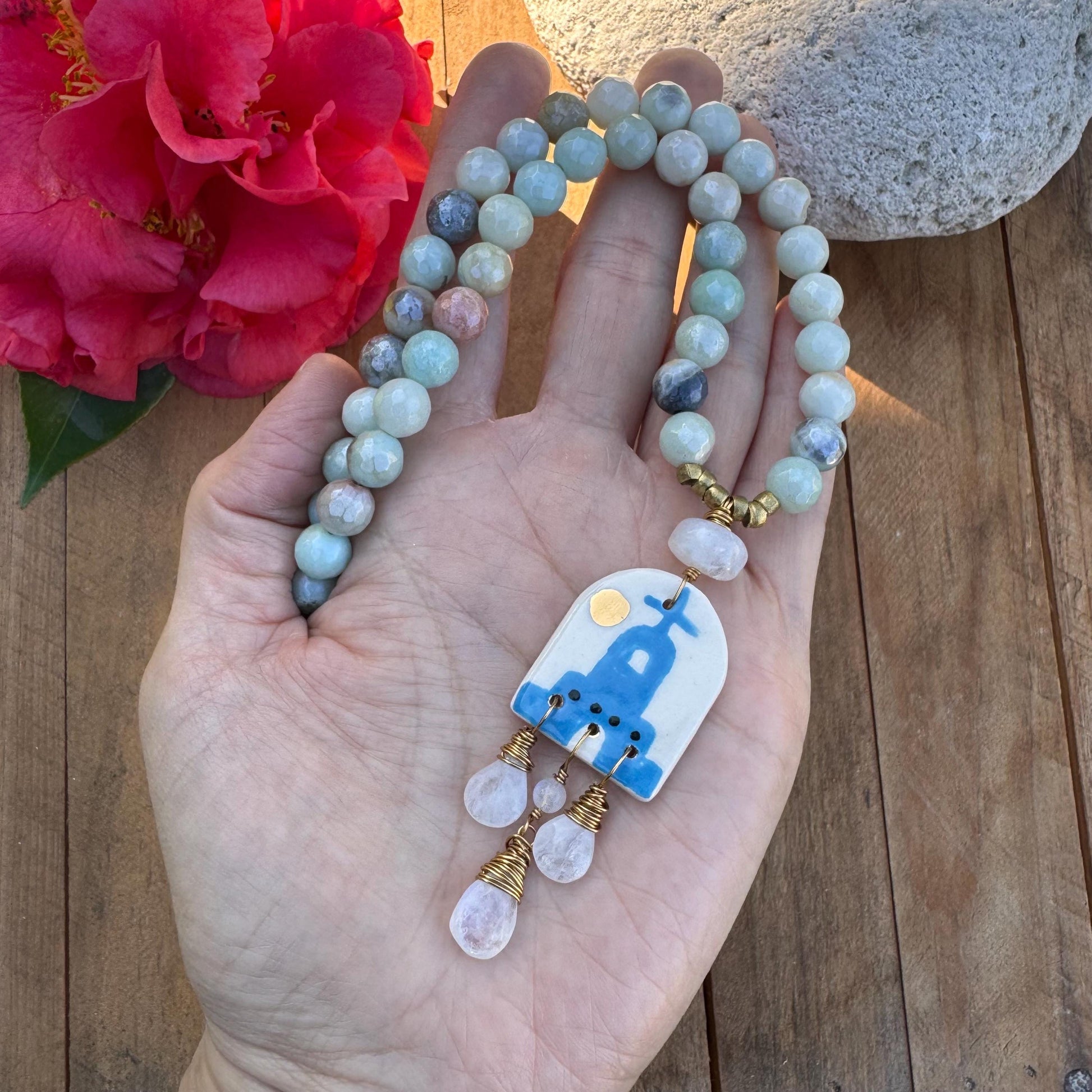 Handmade Ceramic Mission Necklace: Amazonite & Moonstone Beaded Jewelry
