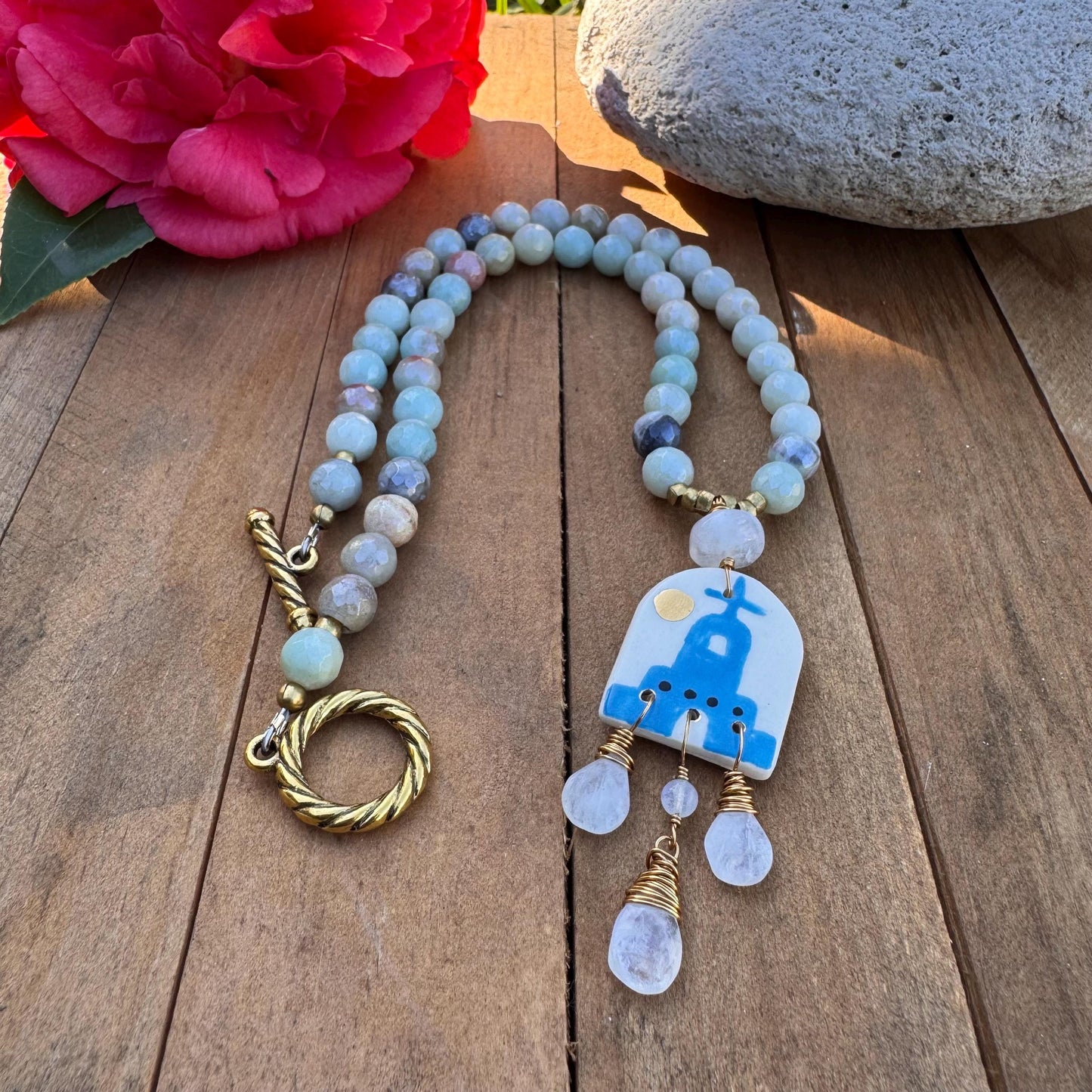 Handmade Ceramic Mission Necklace: Amazonite & Moonstone Beaded Jewelry