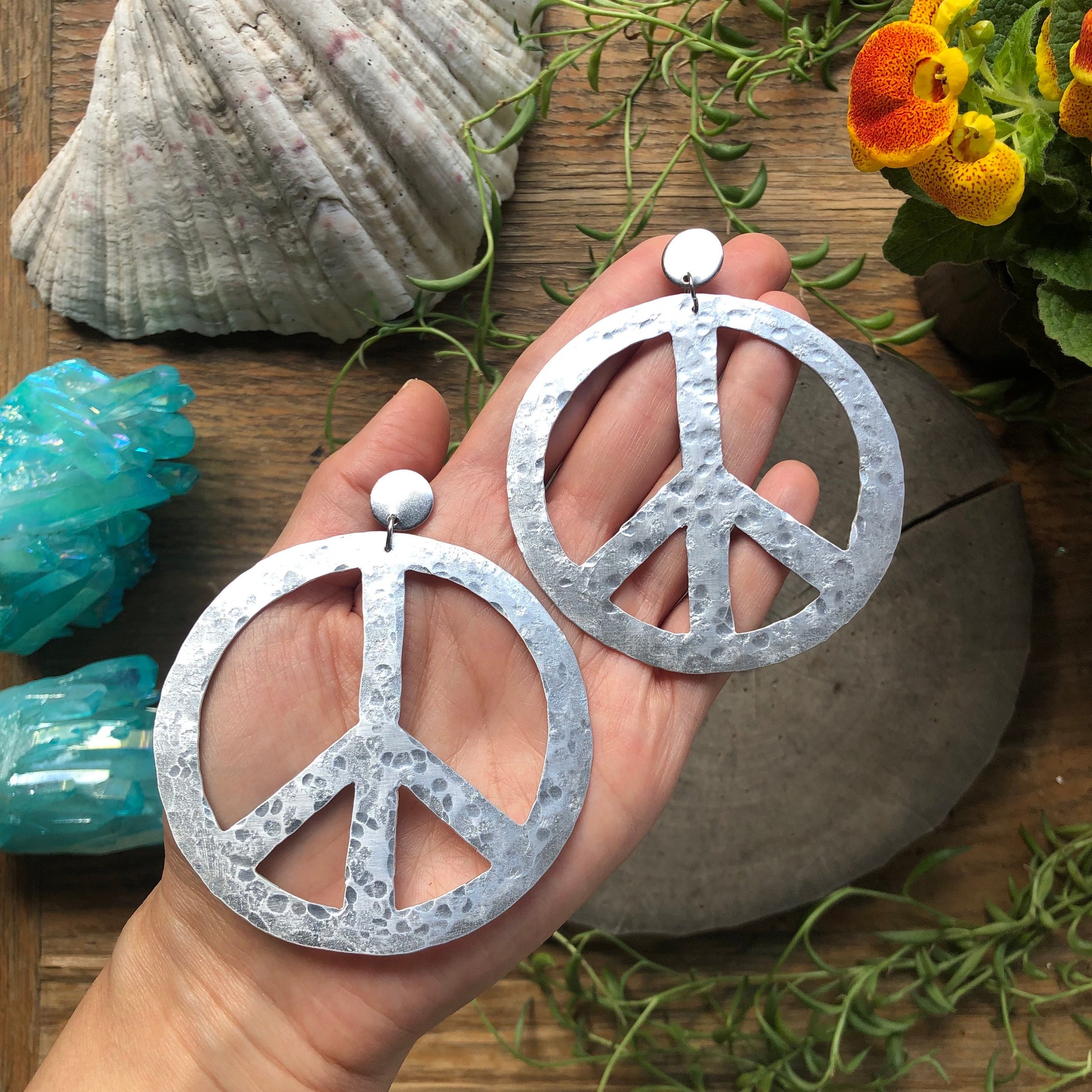 Handmade Hammered Peace Sign Earrings: Groovy Retro Jewelry