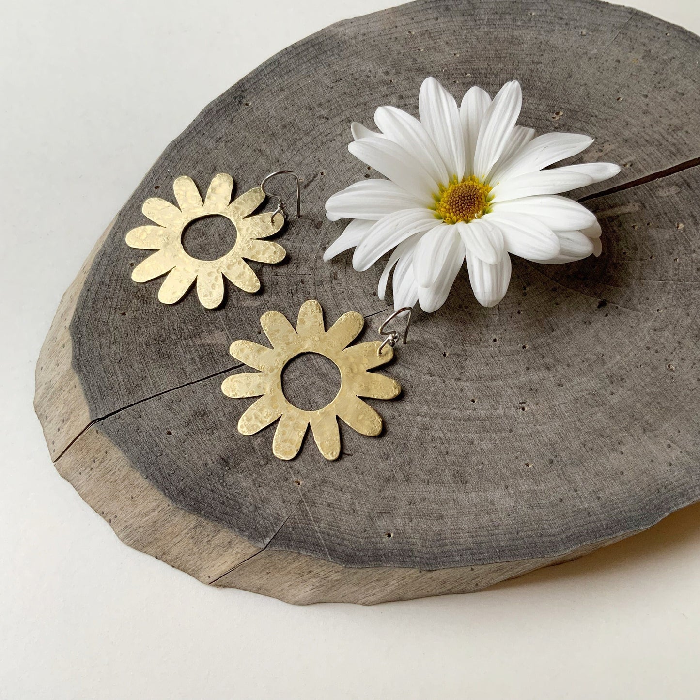 Handmade Large Brass Flower Earrings: Mid Century Modern Daisy