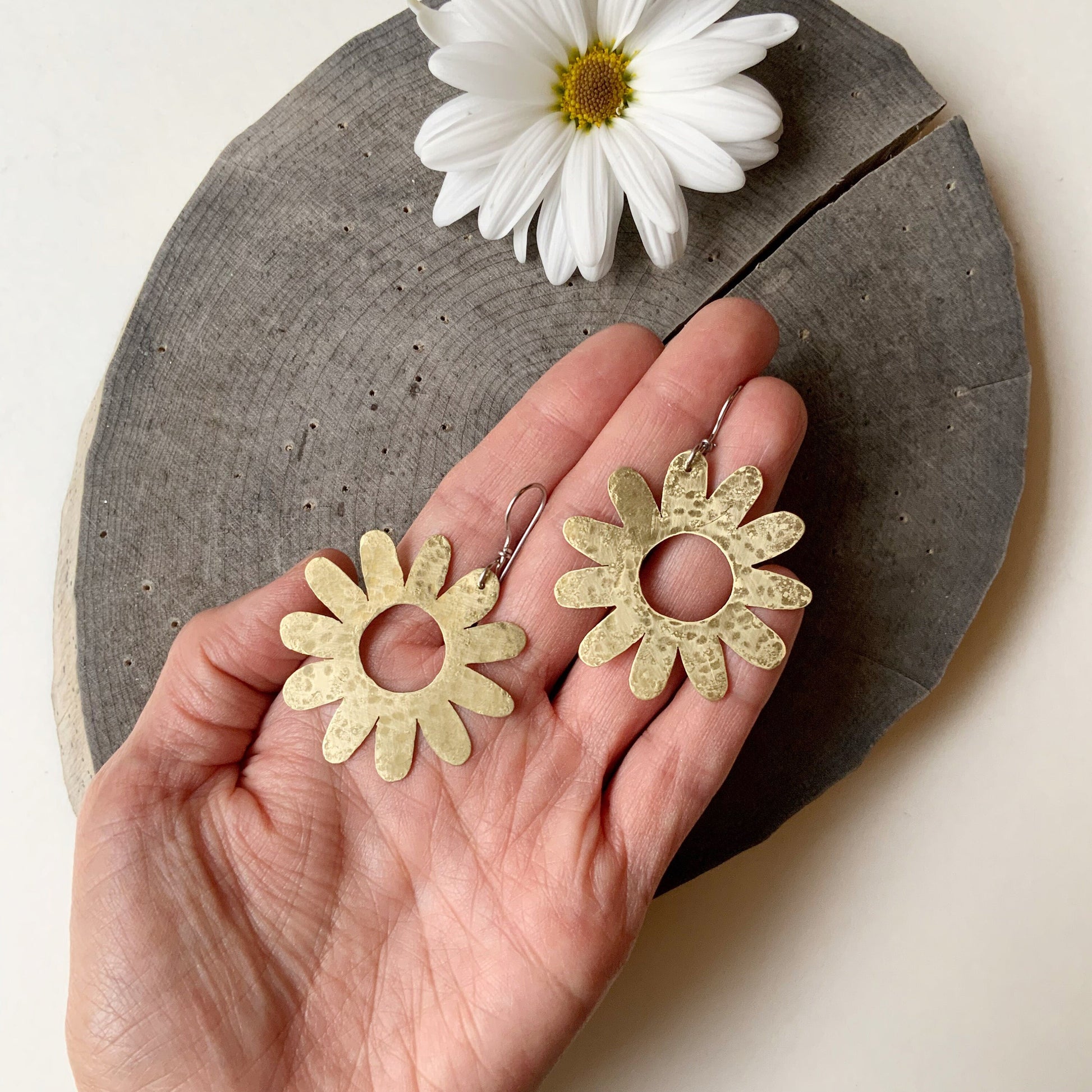 Handmade Large Brass Flower Earrings: Mid Century Modern Daisy