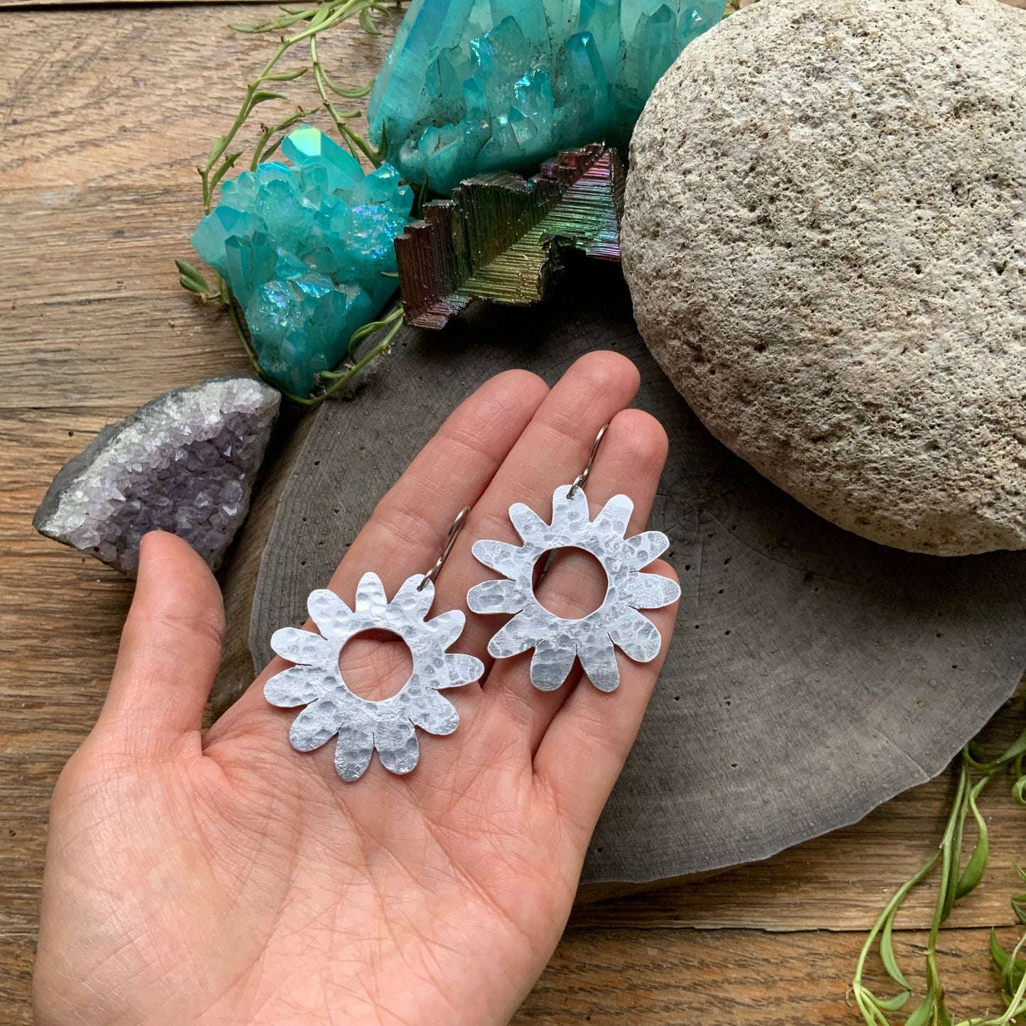 Handmade Large Brass Flower Earrings: Mid Century Modern Daisy