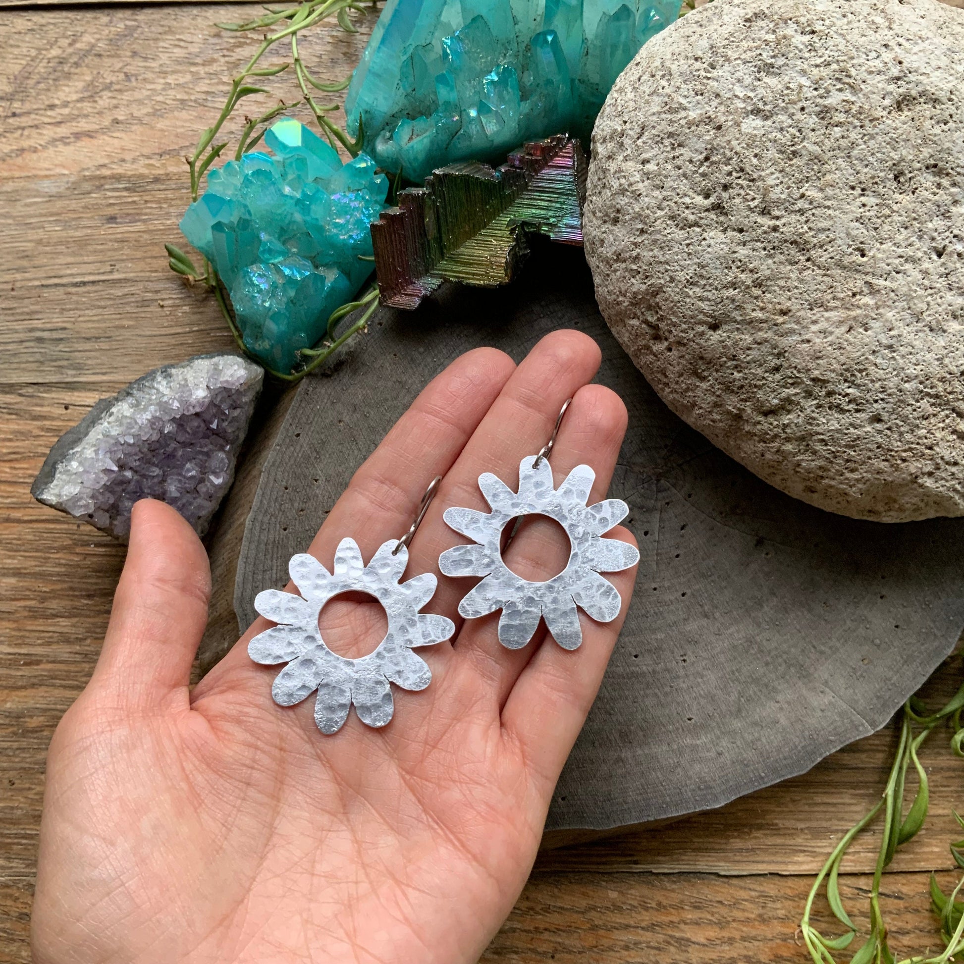 Handmade Large Brass Flower Earrings: Mid Century Modern Daisy