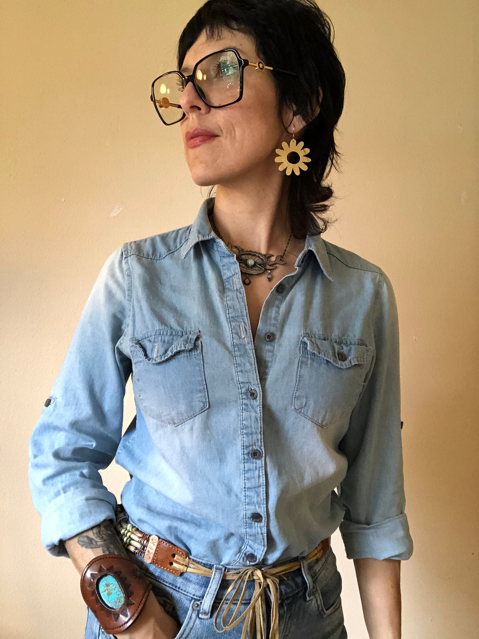 Handmade Large Brass Flower Earrings: Mid Century Modern Daisy