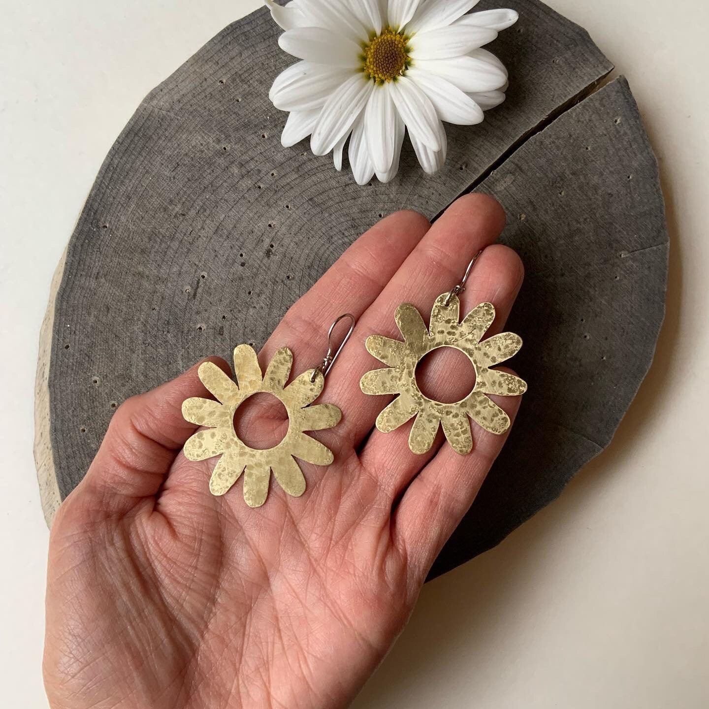 Handmade Large Brass Flower Earrings: Mid Century Modern Daisy