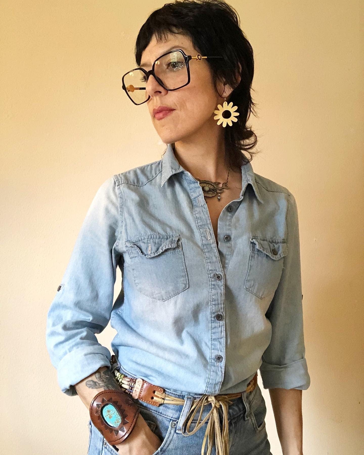 Handmade Large Brass Flower Earrings: Mid Century Modern Daisy