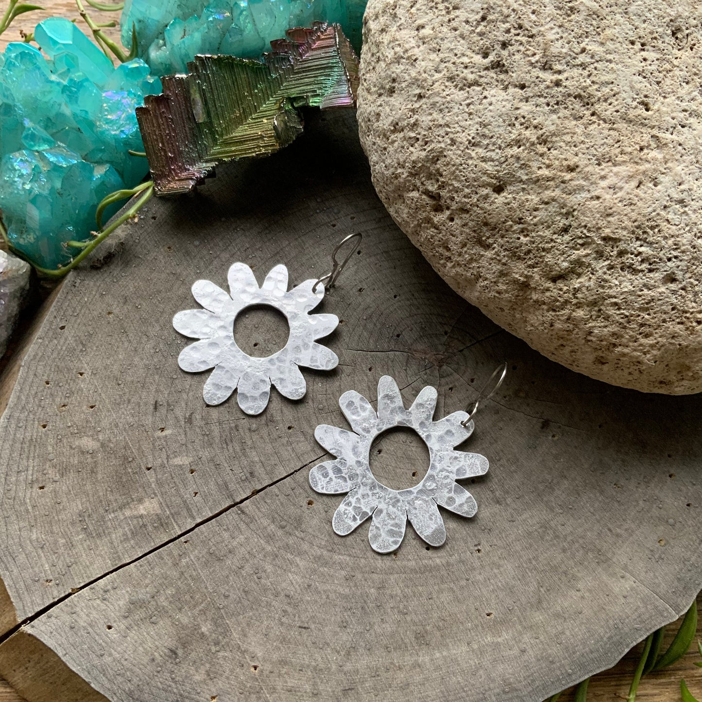 Handmade Large Brass Flower Earrings: Mid Century Modern Daisy