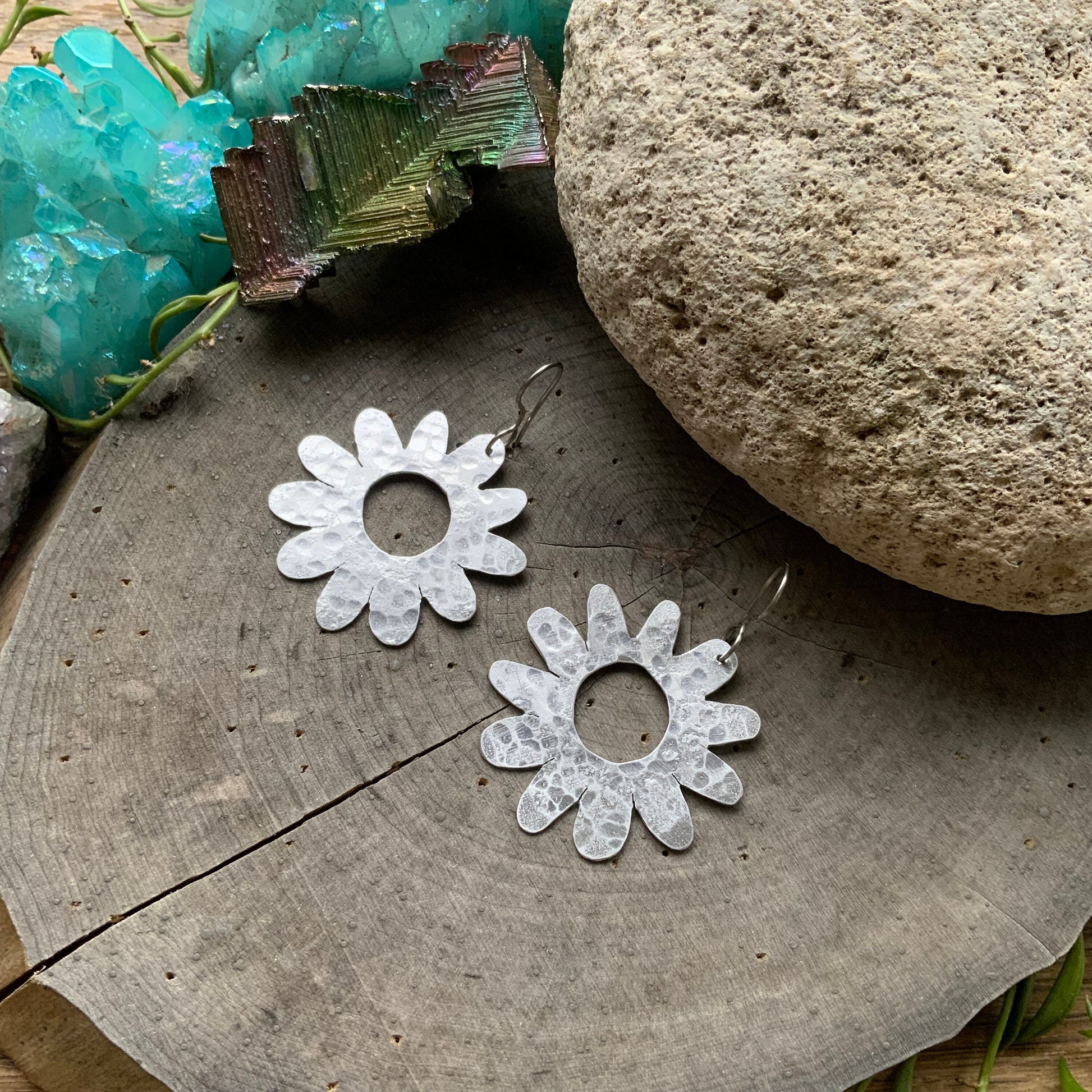 Handmade Large Brass Flower Earrings: Mid Century Modern Daisy