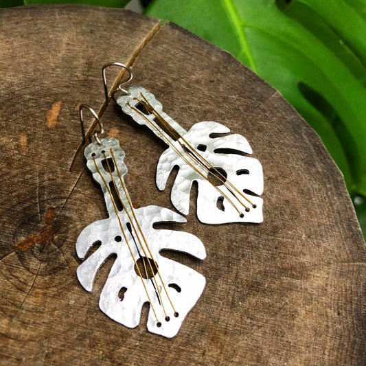 Handmade Monstera Guitar Earrings: Aluminum or Brass, Tropical Jewelry