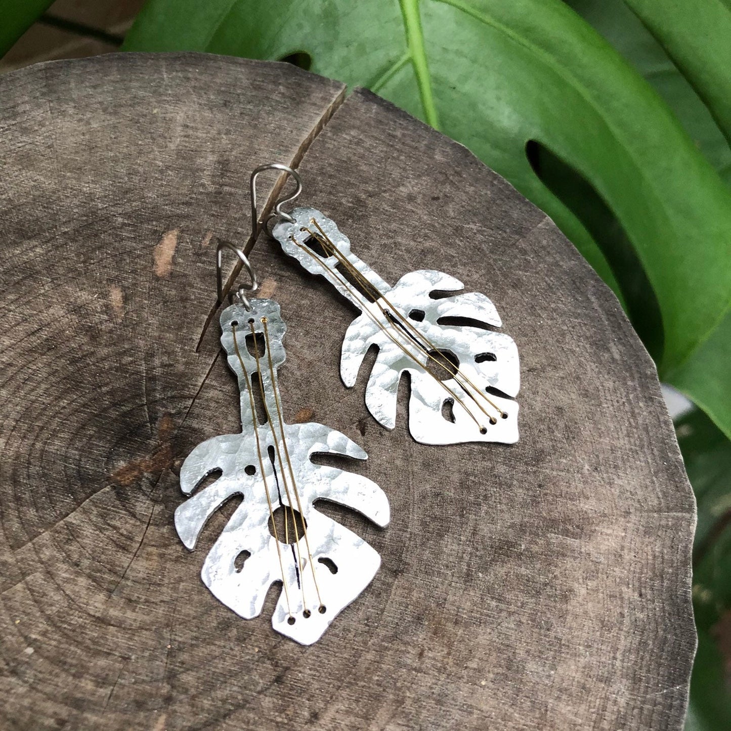 Handmade Monstera Guitar Earrings: Aluminum or Brass, Tropical Jewelry