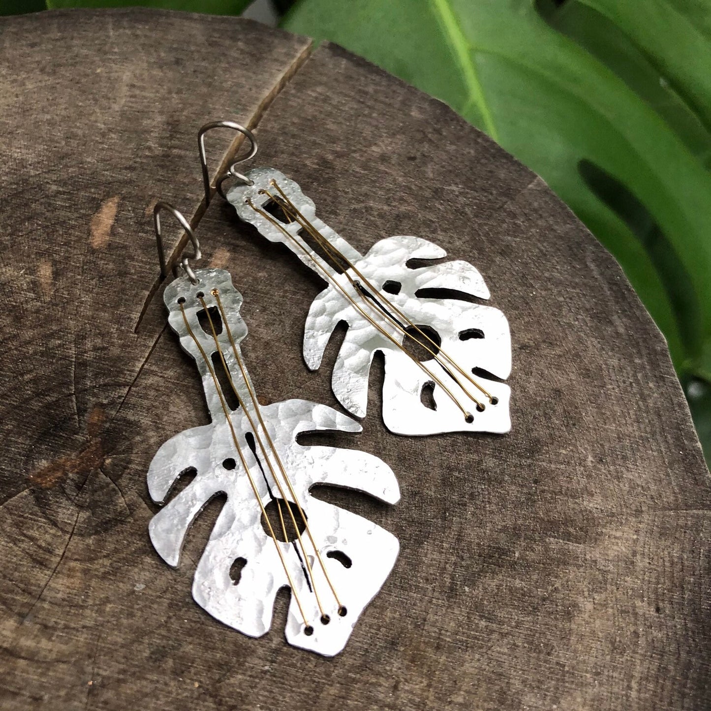 Handmade Monstera Guitar Earrings: Aluminum or Brass, Tropical Jewelry