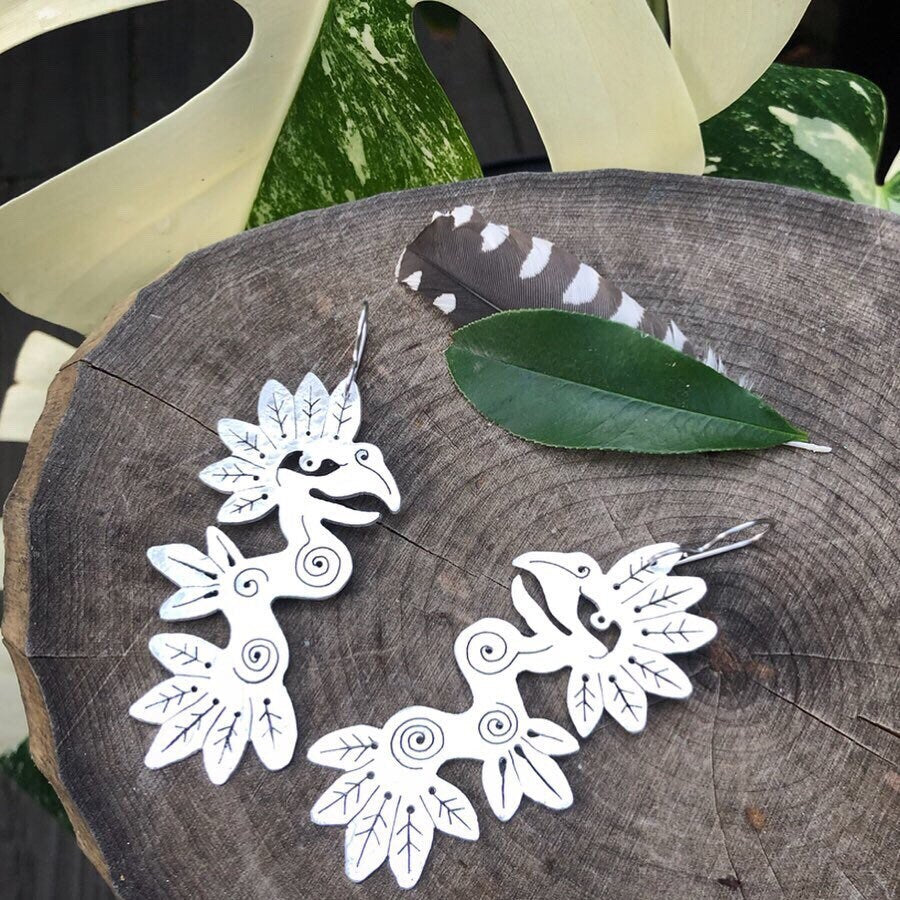 Handmade Quetzalcoatl Earrings: Aluminum Serpent, Pre Hispanic Style