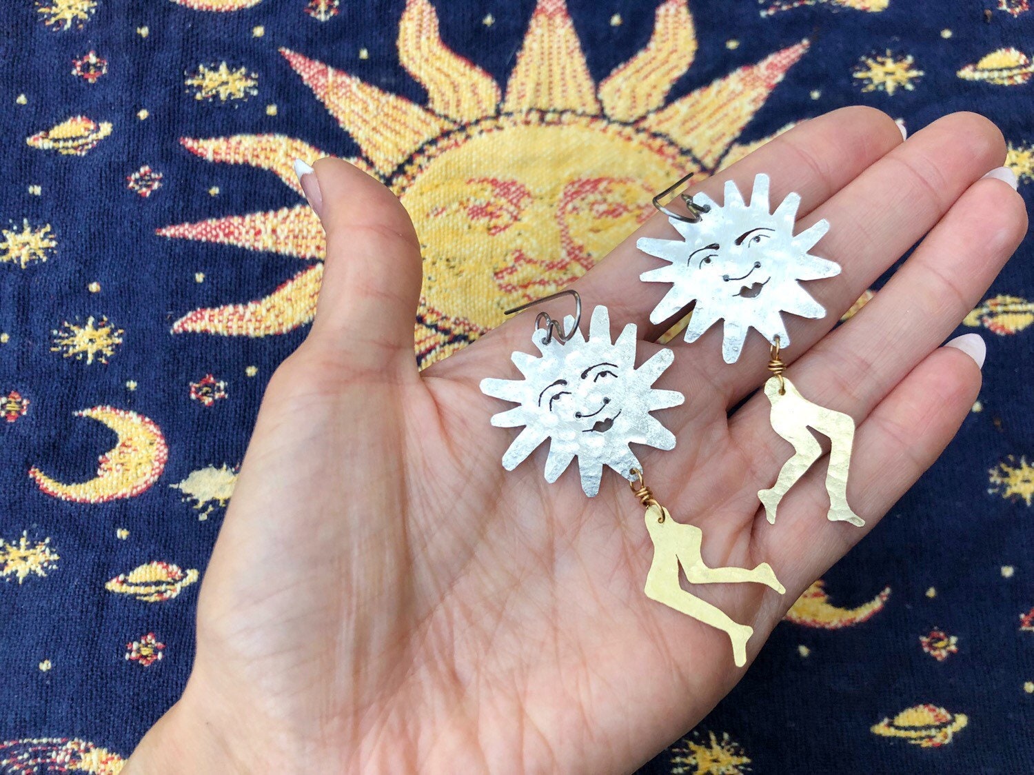Handmade Sun and Leg Earrings: Mixed Metal Dangle Earrings
