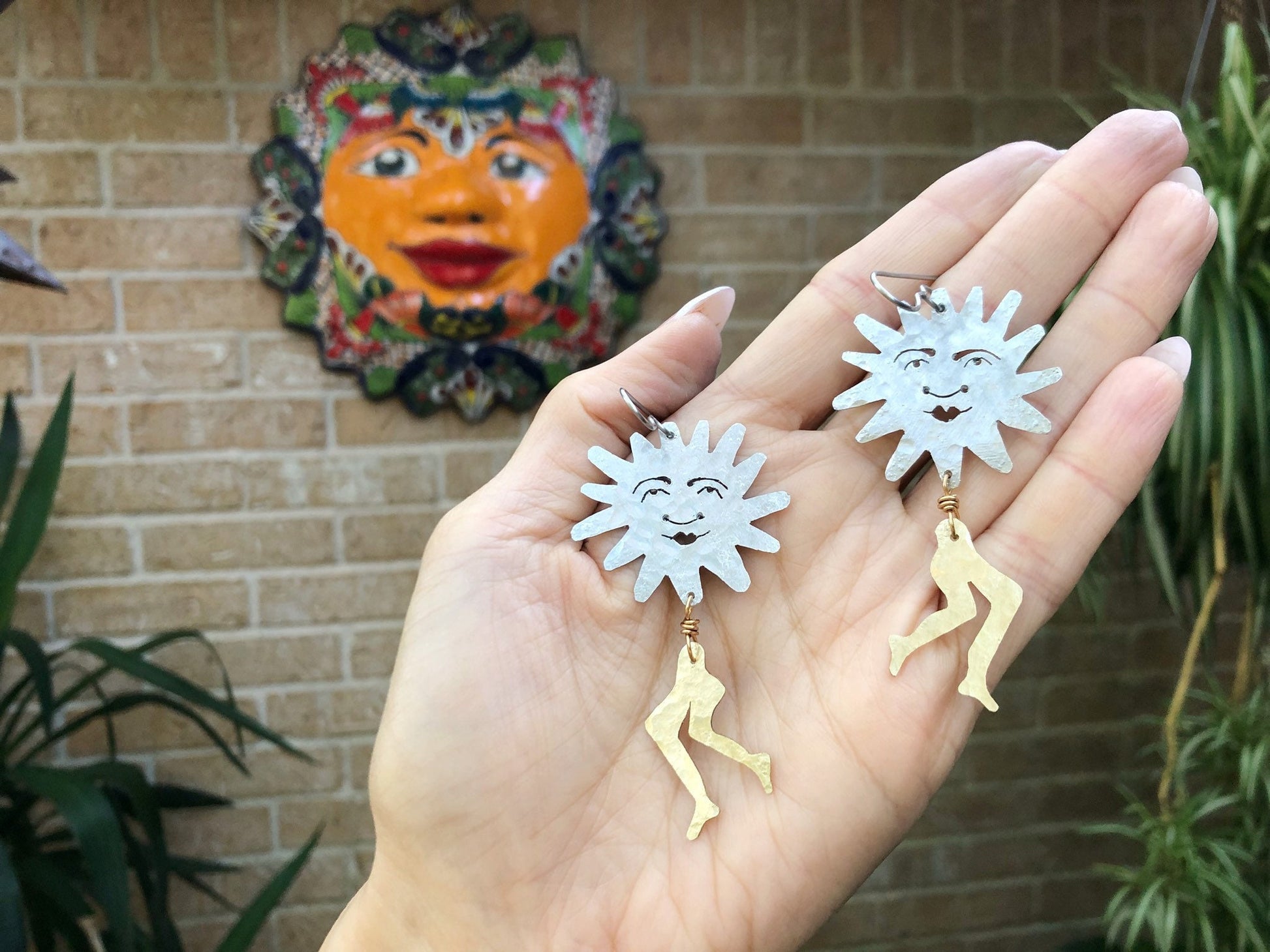 Handmade Sun and Leg Earrings: Mixed Metal Dangle Earrings