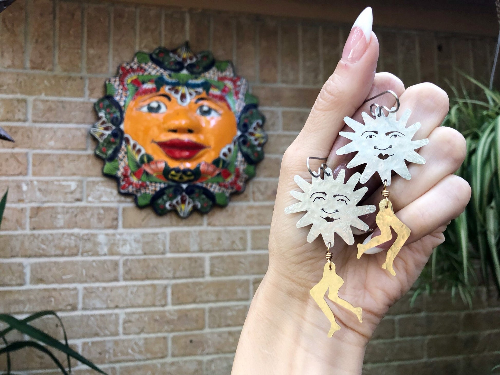 Handmade Sun and Leg Earrings: Mixed Metal Dangle Earrings