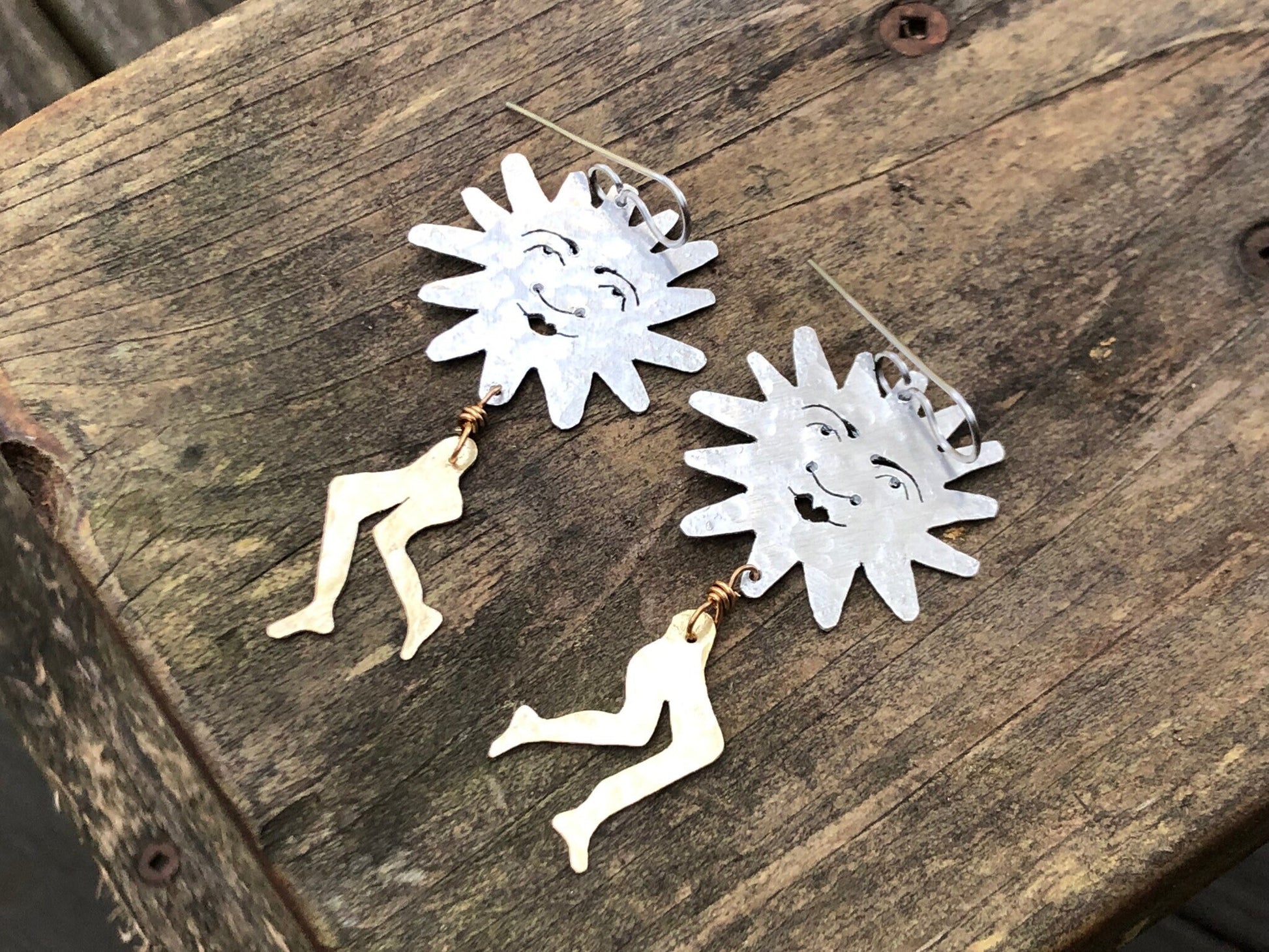 Handmade Sun and Leg Earrings: Mixed Metal Dangle Earrings